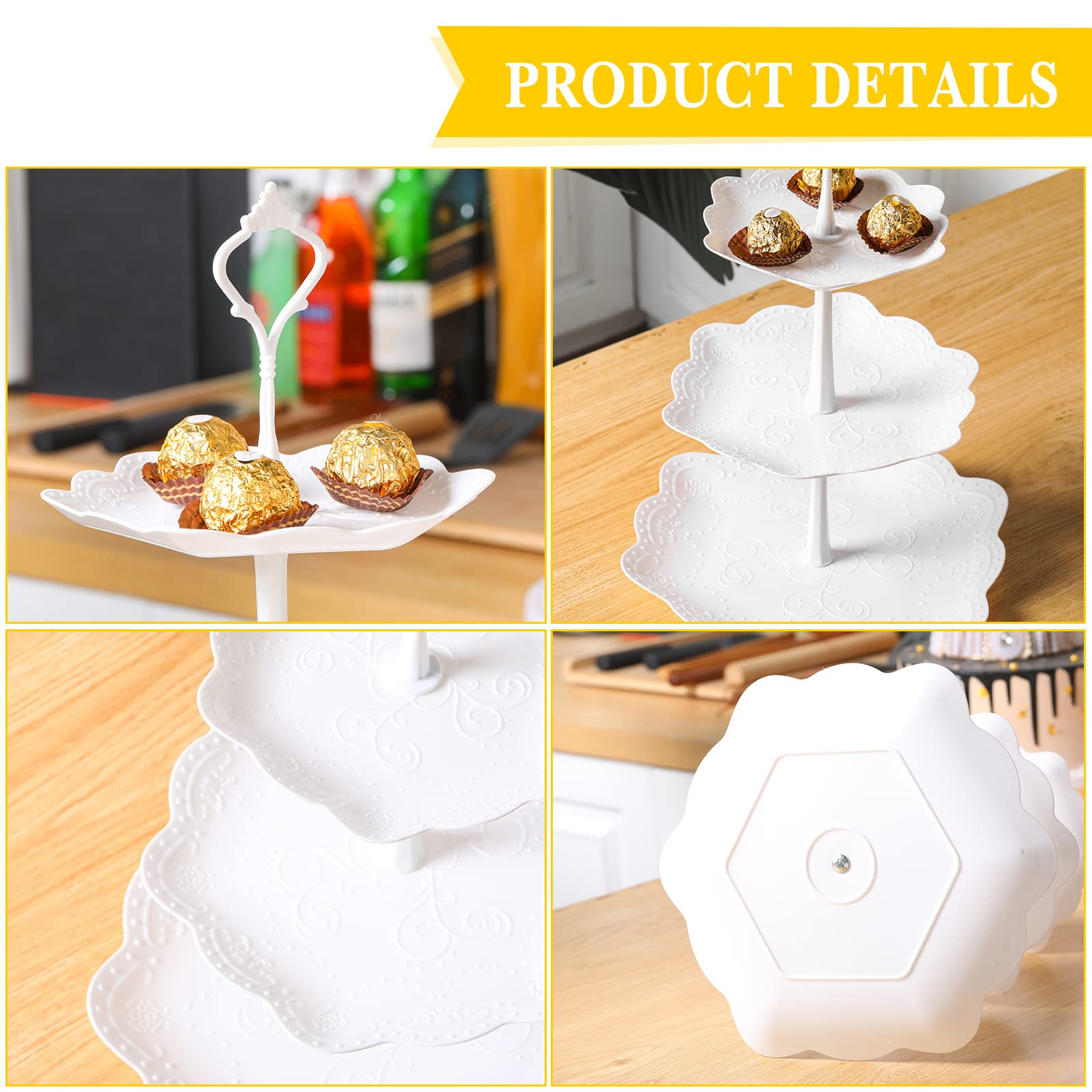 Potchen 8 Sets 3 Tier Cupcake Stand Plastic Tiered Serving Tray Round Flower Square Hexagonal White Dessert Table Display Set Ca