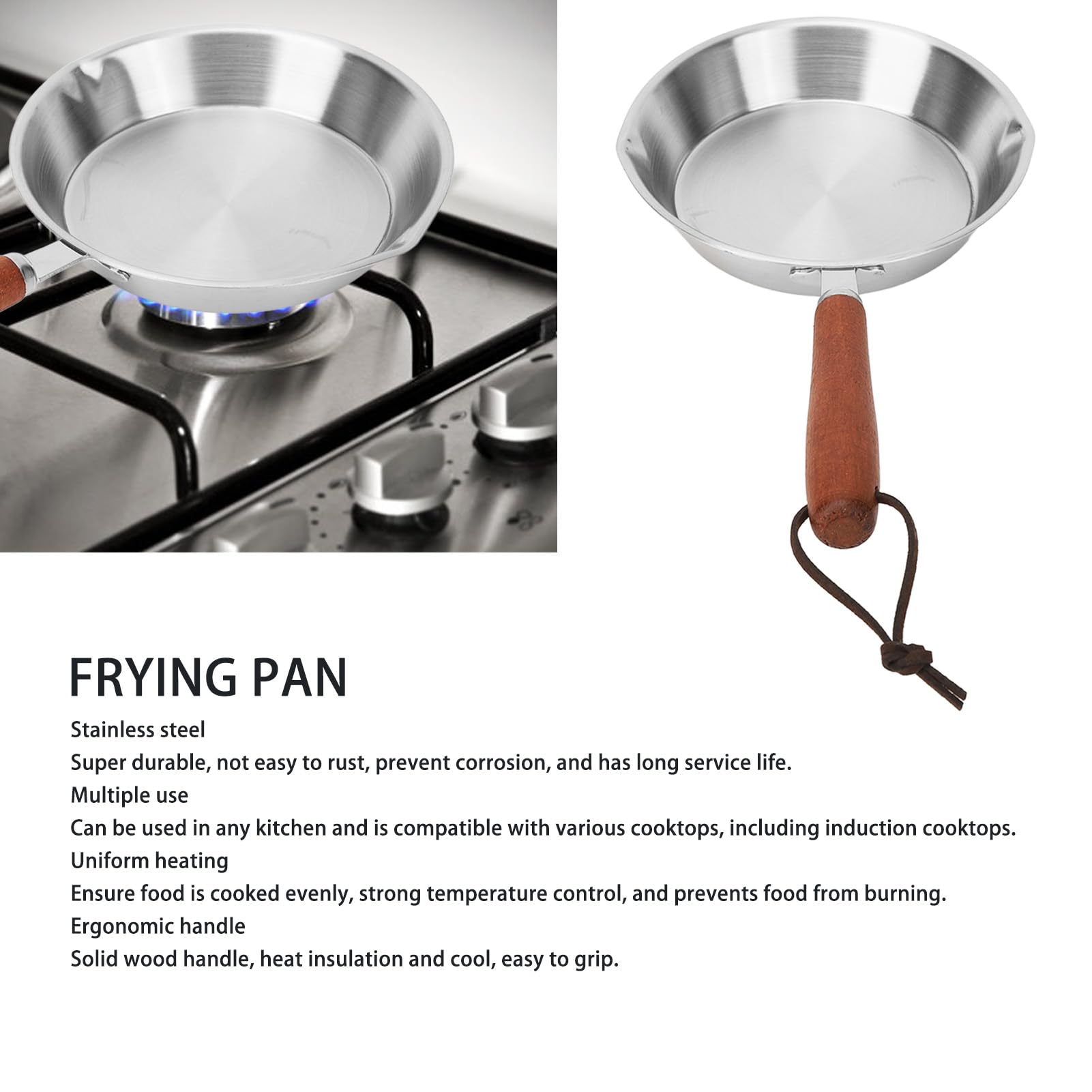 Frying Pan, Stainless Steel Frying Pan Mini Non Coated Non Stick Pan Stay Cool Handle Gas Induction Stove Universal Frying Pan,