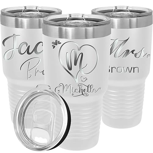 Personalized Tumblers with Lids and Straws  Your Signature Engraved in USA by iProductsUS 30oz Vacuum Insulated Travel Coffee Mugs Stainless Steel Double Wall Thermos Customized Cups(White 18-Designs)