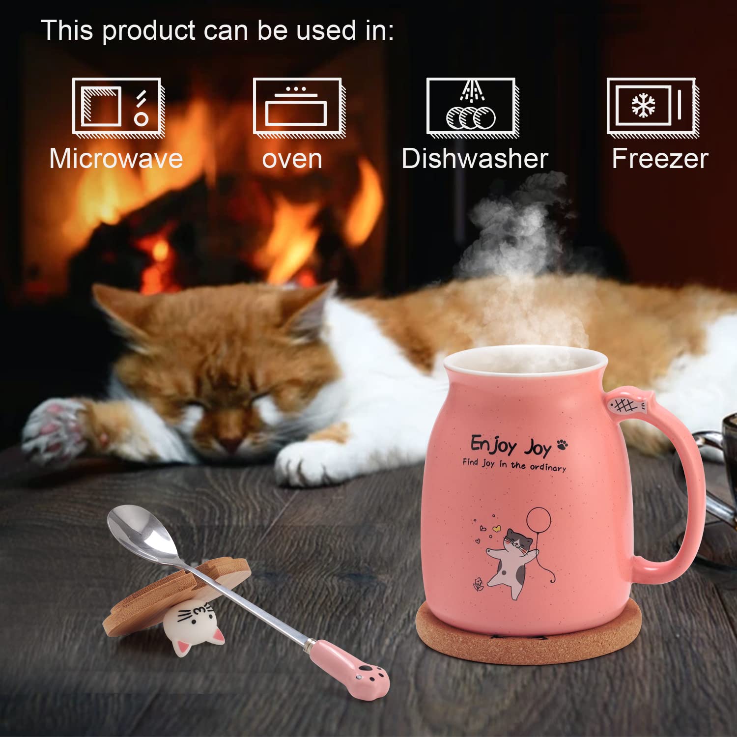 Novelty Cat Mug Cute Ceramic Coffee Cup With Kawaii Wooden Kitty Lid, Lovely Cat Claw Spoon, Anime Wooden Cat Coaster, Cat Thing