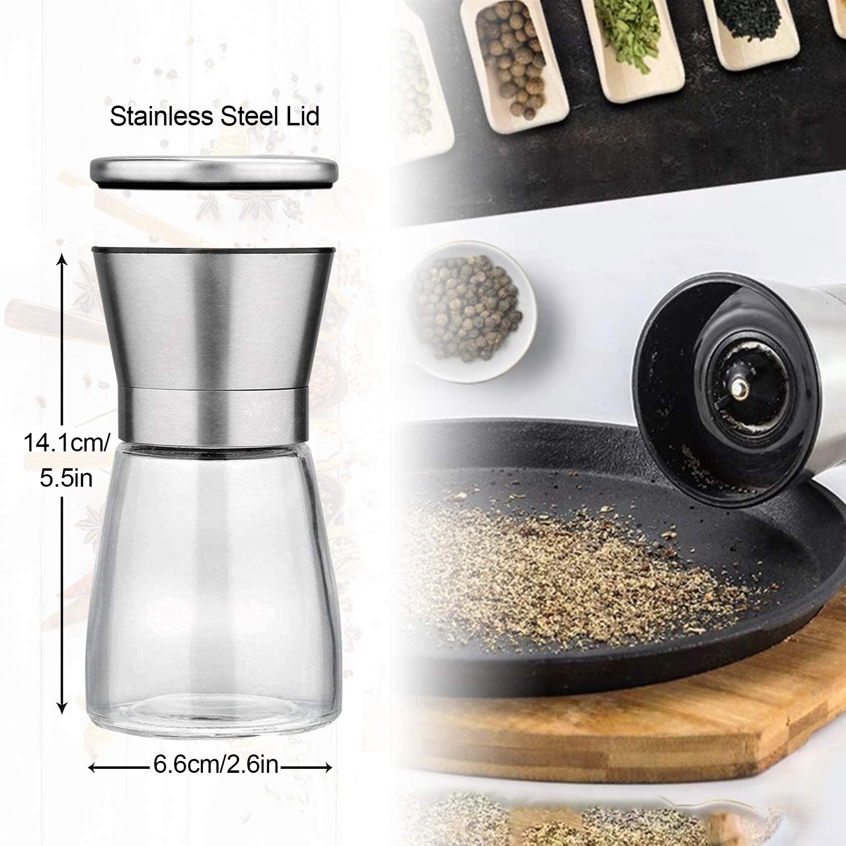 LessMo Salt and Pepper Grinder Set - Brushed Stainless Steel with Wooden Tray - Adjustable Coarseness - Silver - Short Glass Shakers