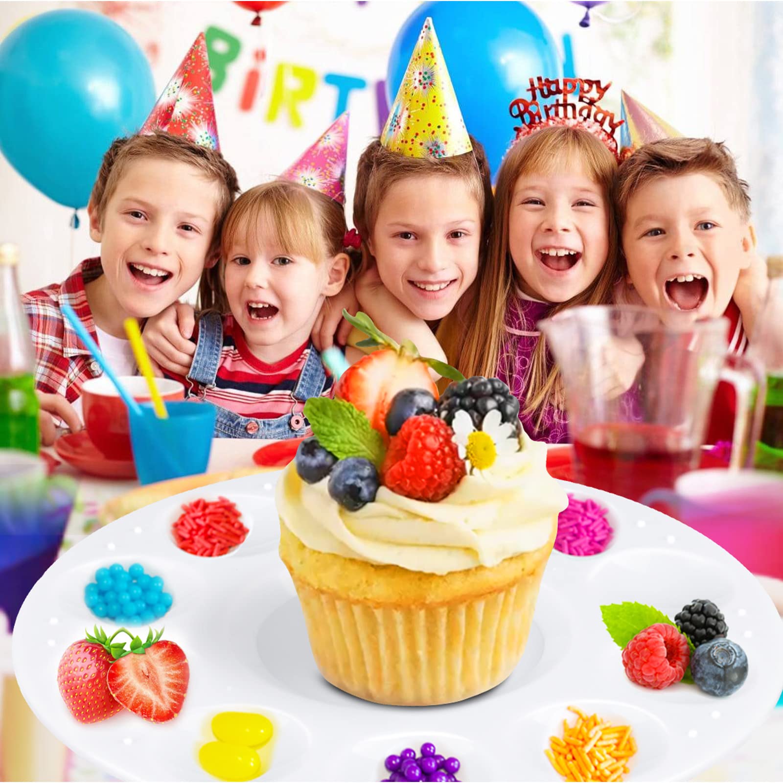 Aiersa Cupcake Decorating Plates For Kids Party, Kids Cupcake Holder Decorating Tray With 10 Wells For Dessert Sprinkles, Kids B