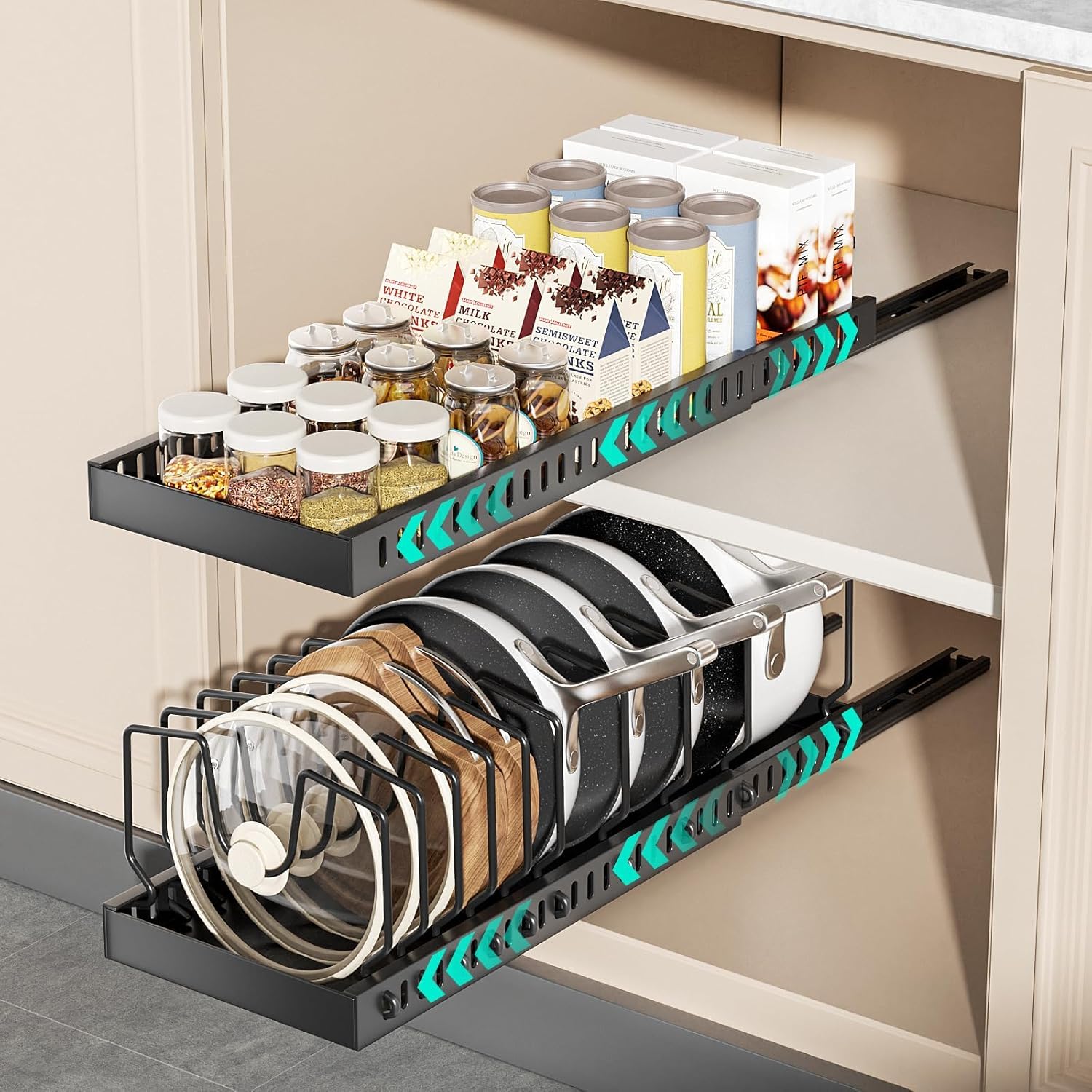 Geo Fashion 2 Pack Pots And Pans Organizer Under Cabinet, Expandable Pull Out Cabinet Organizer With 10 Adjustable Dividers, Sli