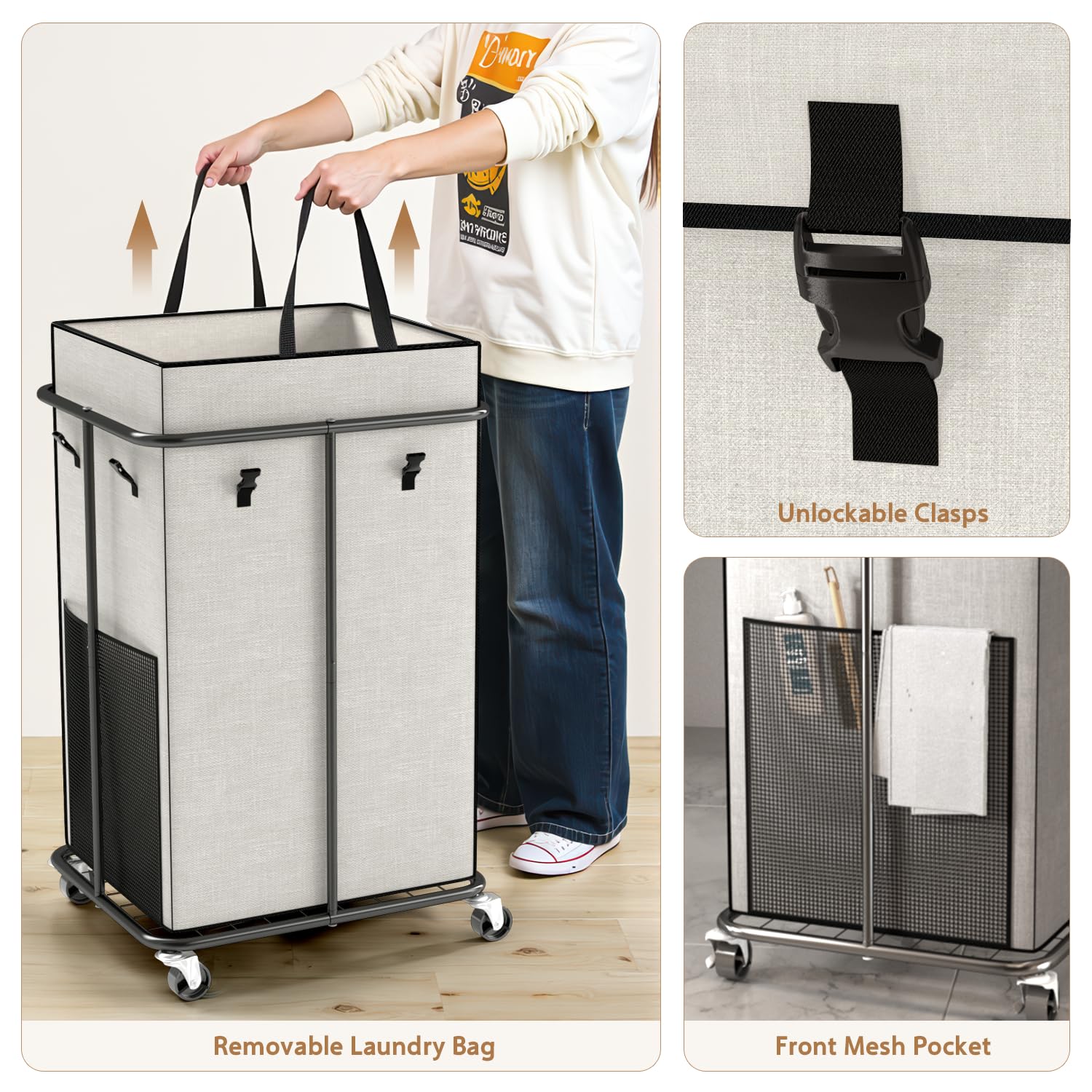 150L Large Laundry Basket With Wheels, Rolling Laundry Hamper With Removable Laundry Bag & Metal Frame, Oxford Fabric Dirty Clot