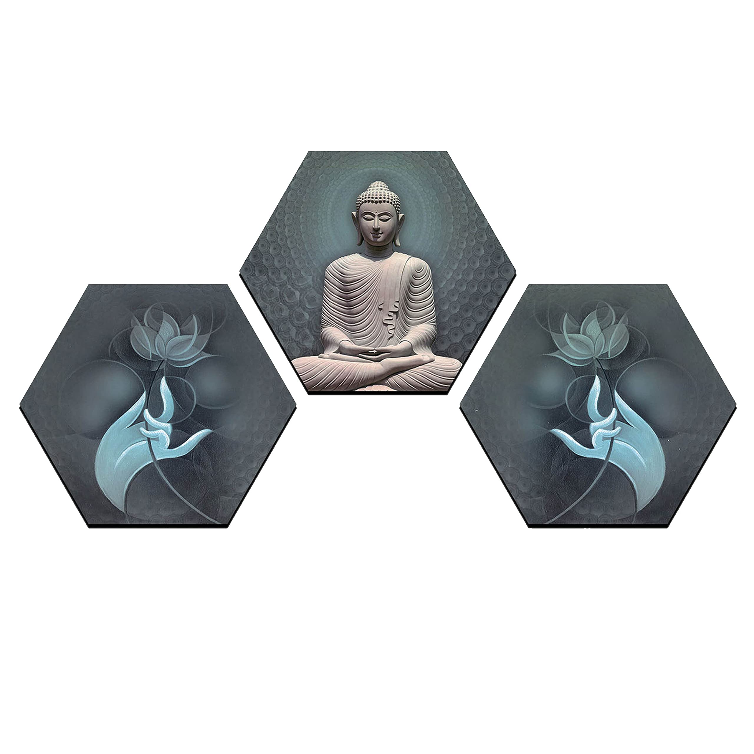 Indianara Set Of 3 Gautam Buddha Hexagon Pieces Mdf Painting (3634Hex) Without Glass (17 Inch X 17 Inch)( Multicolor3634Hex)