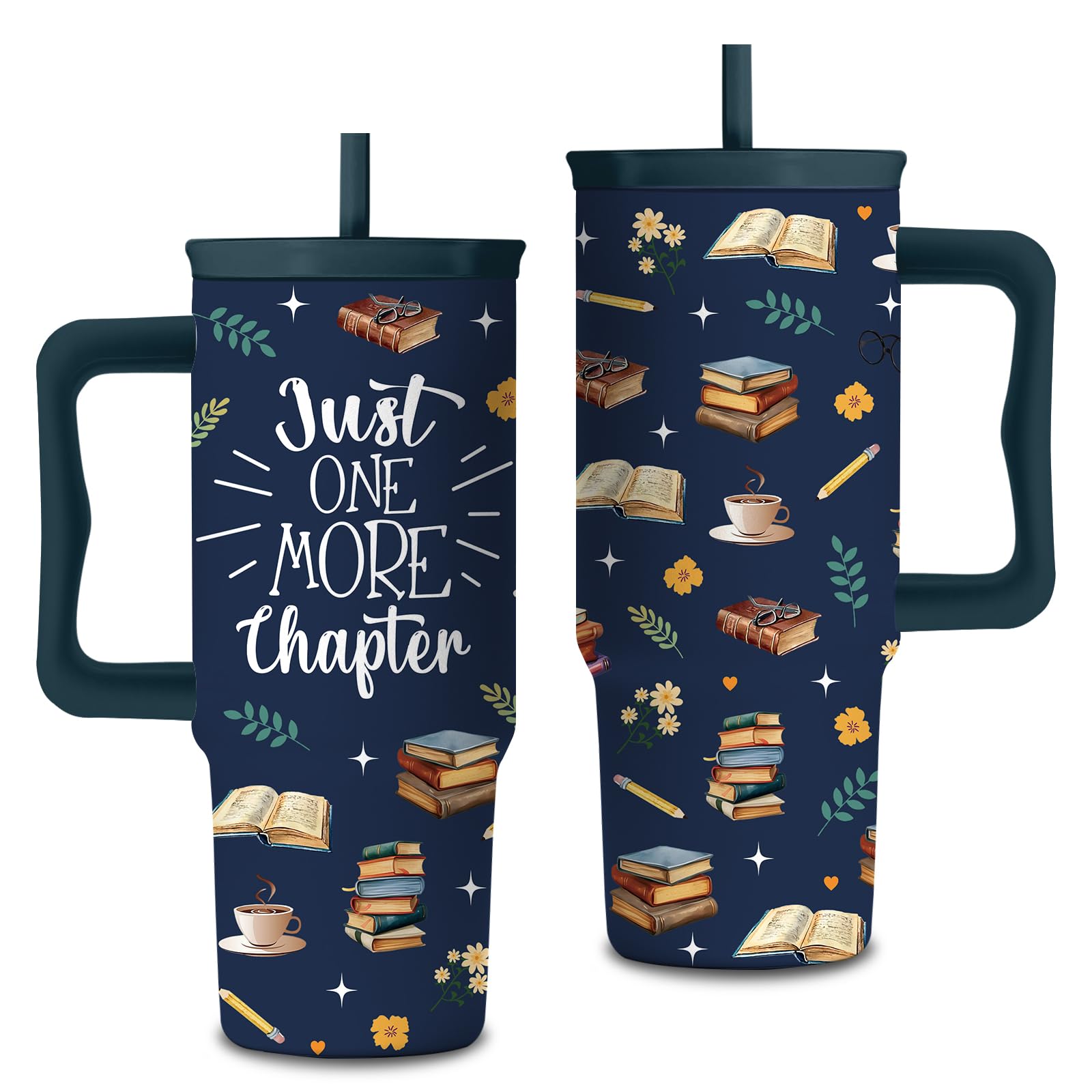 Book Lover Gifts for Women & Men, Book Themed 24oz Stainless Steel Tumbler with Handle and Straw for Bookish, Gifts for Family, 
