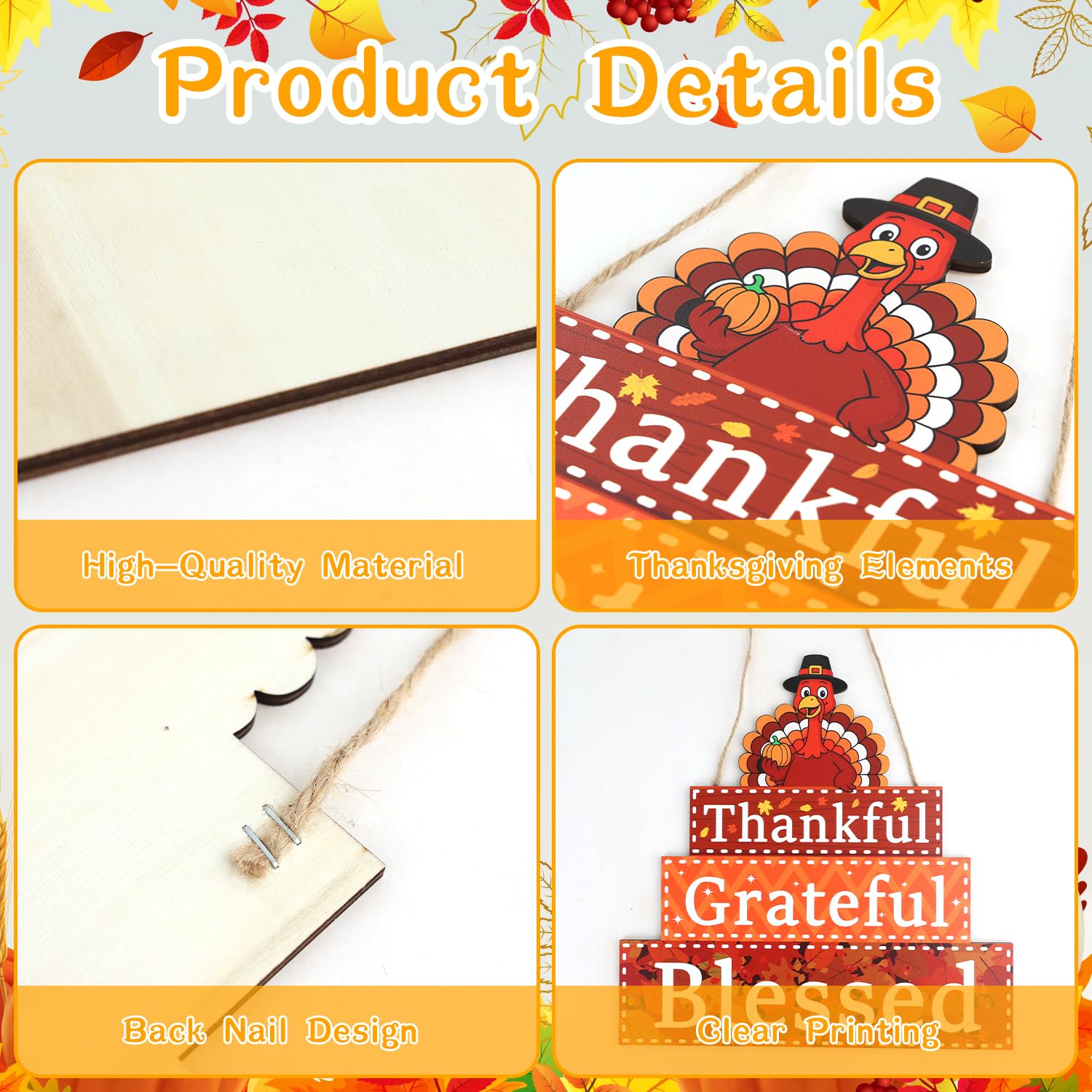 Thanksgiving Decorations Wooden Turkey Door Sign Thankful Grateful Blessed Sign Decor Hanging Wall Signs for Thanksgiving Harves