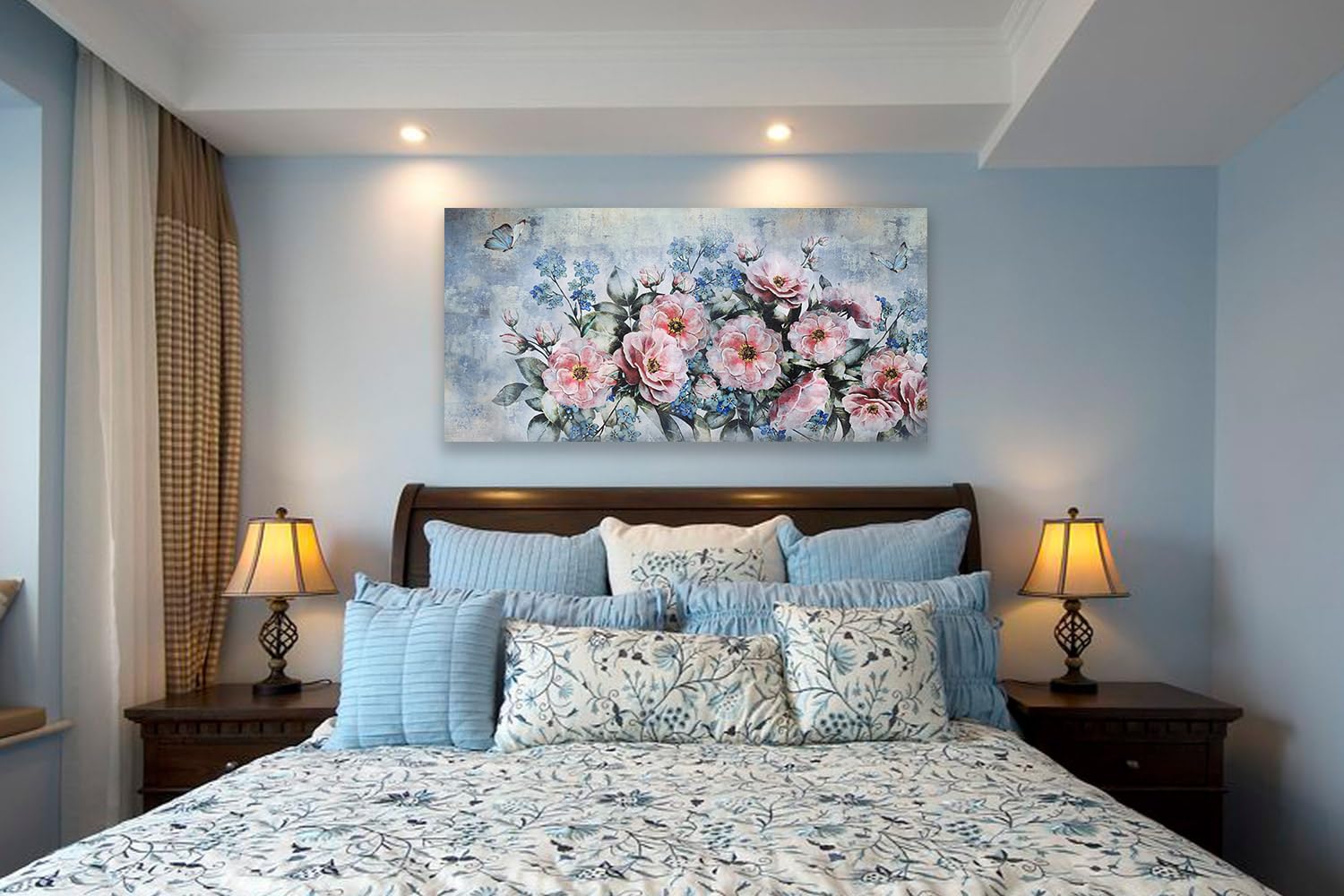 Acocifi Large Flowers Canvas Wall Art Abstract Peony Landscape Painting, Pink Florals And Butterfly Picture Textured Artwork Fra