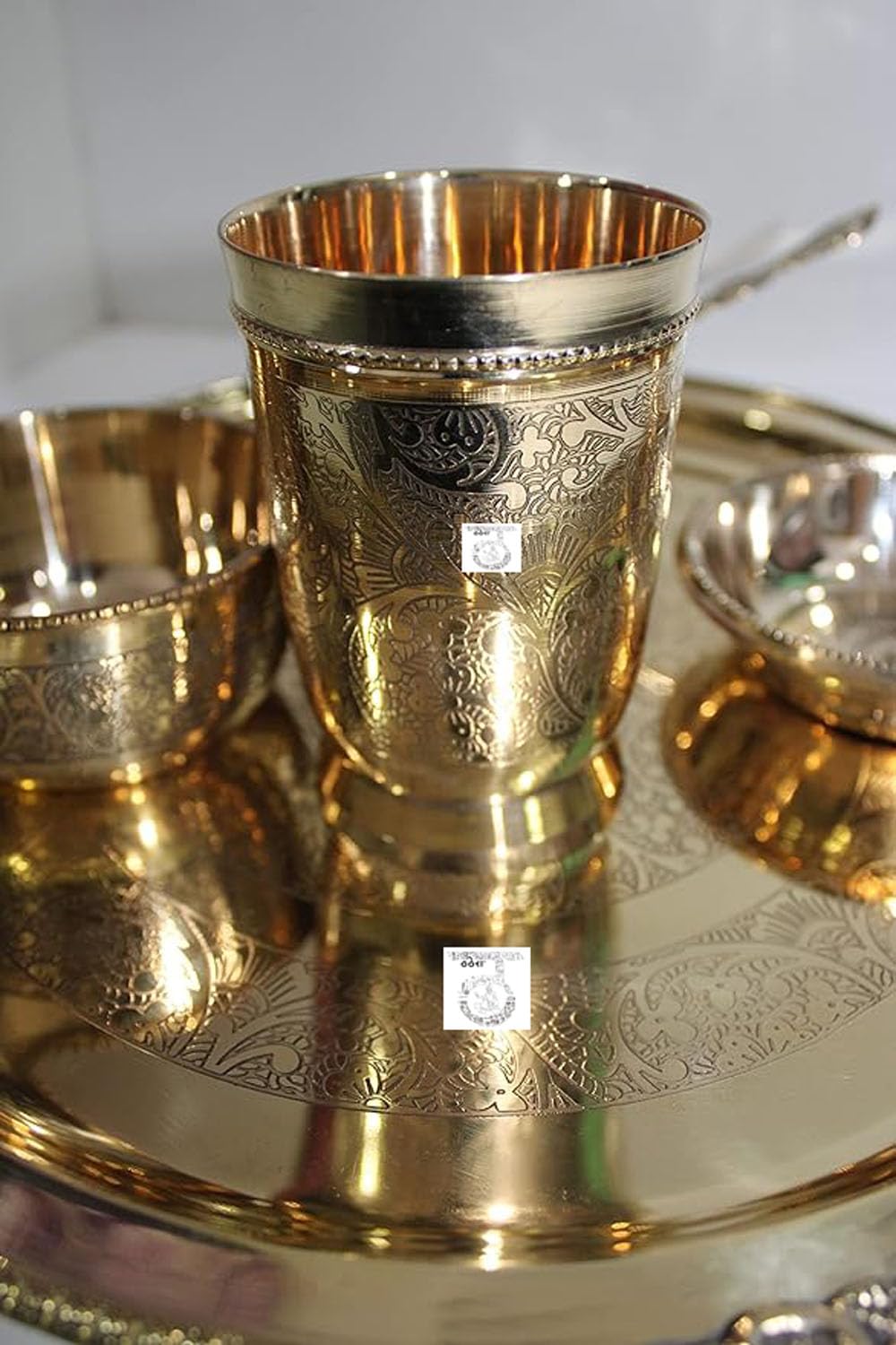 THATHERA Handmade Traditional Brass Thali Utensils Set Cooking, Serving, and Eating Food (Set of 6) Gold Color