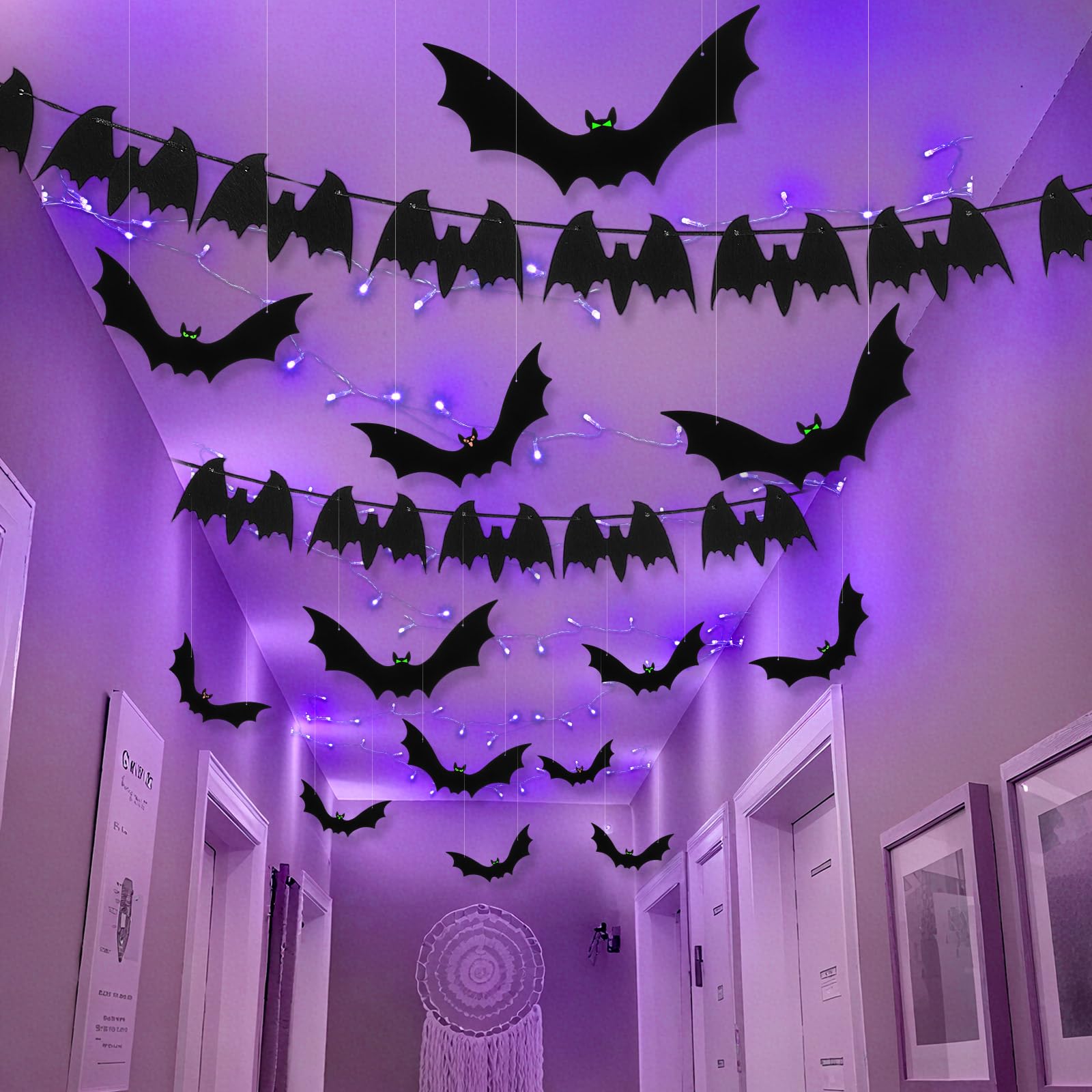 Pinkunn Halloween Decorations String Lights and 30 Pcs Hanging Bats Set Battery Operated Powered, 32 ft 100 Count LED String War