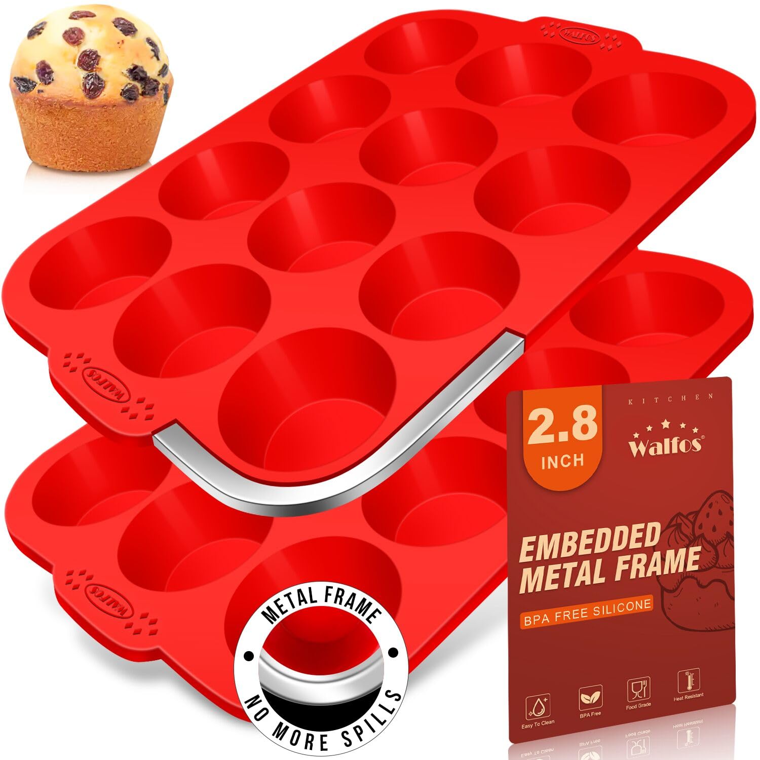 Walfos Silicone Muffin Pan with Metal Frame, 2.8 Inch Regular Size Silicone Cupcake Pan Muffin Tin, Non-Stick 12 Cups Egg Bites 