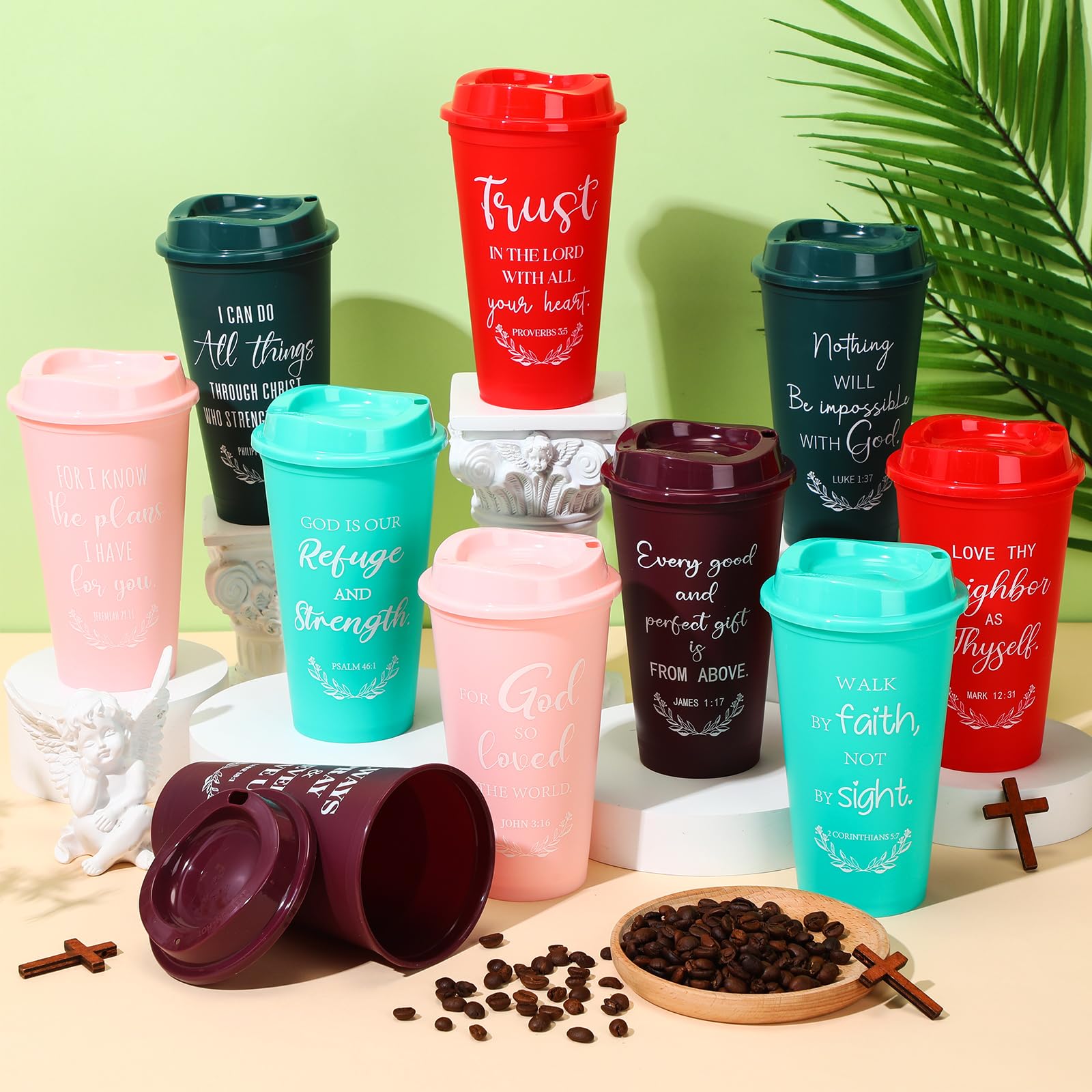 Skylety 40 Pack Christian Gifts for Men Women 16oz Reusable Bible Verse Tumbler Bulk Plastic Coffee Cups with Lids Inspirational
