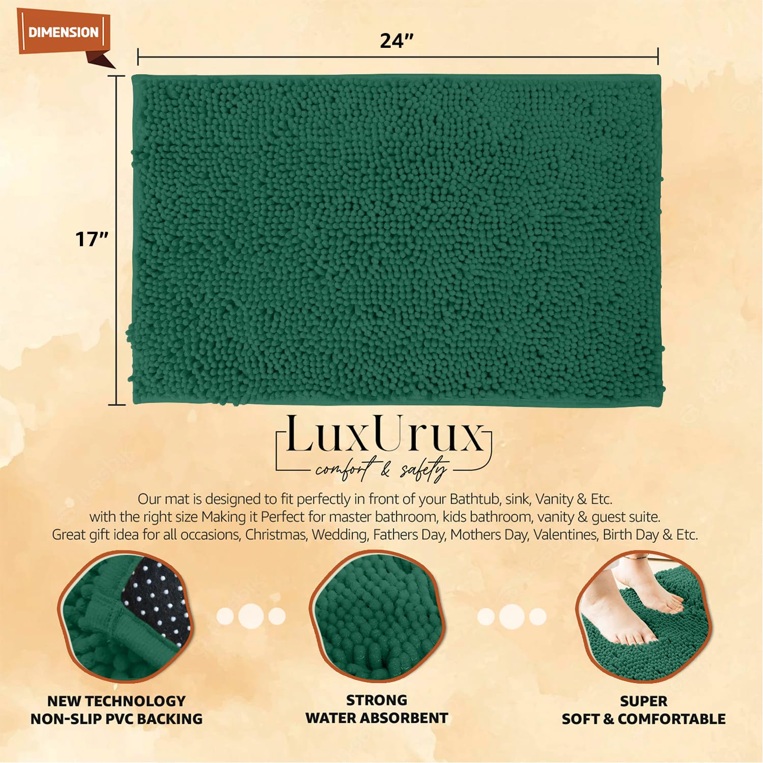LuxUrux Green Bathroom Rug  Extra-Soft Plush Bath Shower Bath Mat  Chenille Microfiber Material  Super Absorbent Shaggy Bath Rug. Machine Wash & Dry (24 ' ' x 17 ' '  Kelly Green)