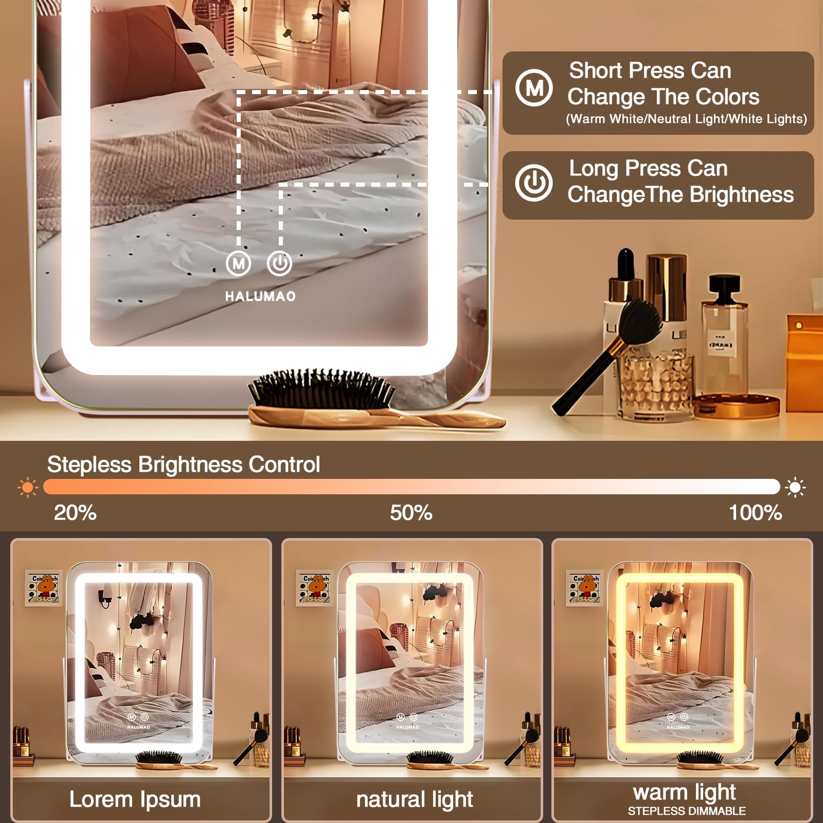 Halumao Vanity Mirror With Lights, Light Up Makeup Mirror, Led Makeup Mirror With Lights For Bedroom Tabletop, Smart Touch Contr