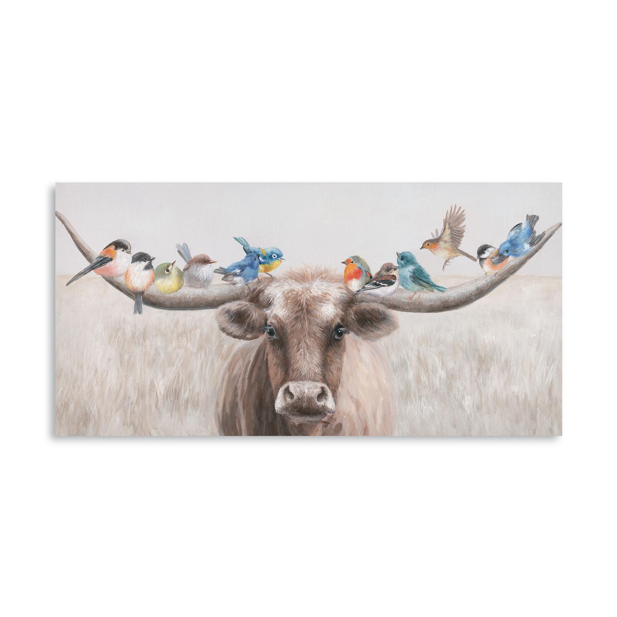 Yelash Living Room Wall Art Longhorn Cow With Birds Farm Canvas Painting For Brown Rustic Country Bathroom Decor 40 X 20