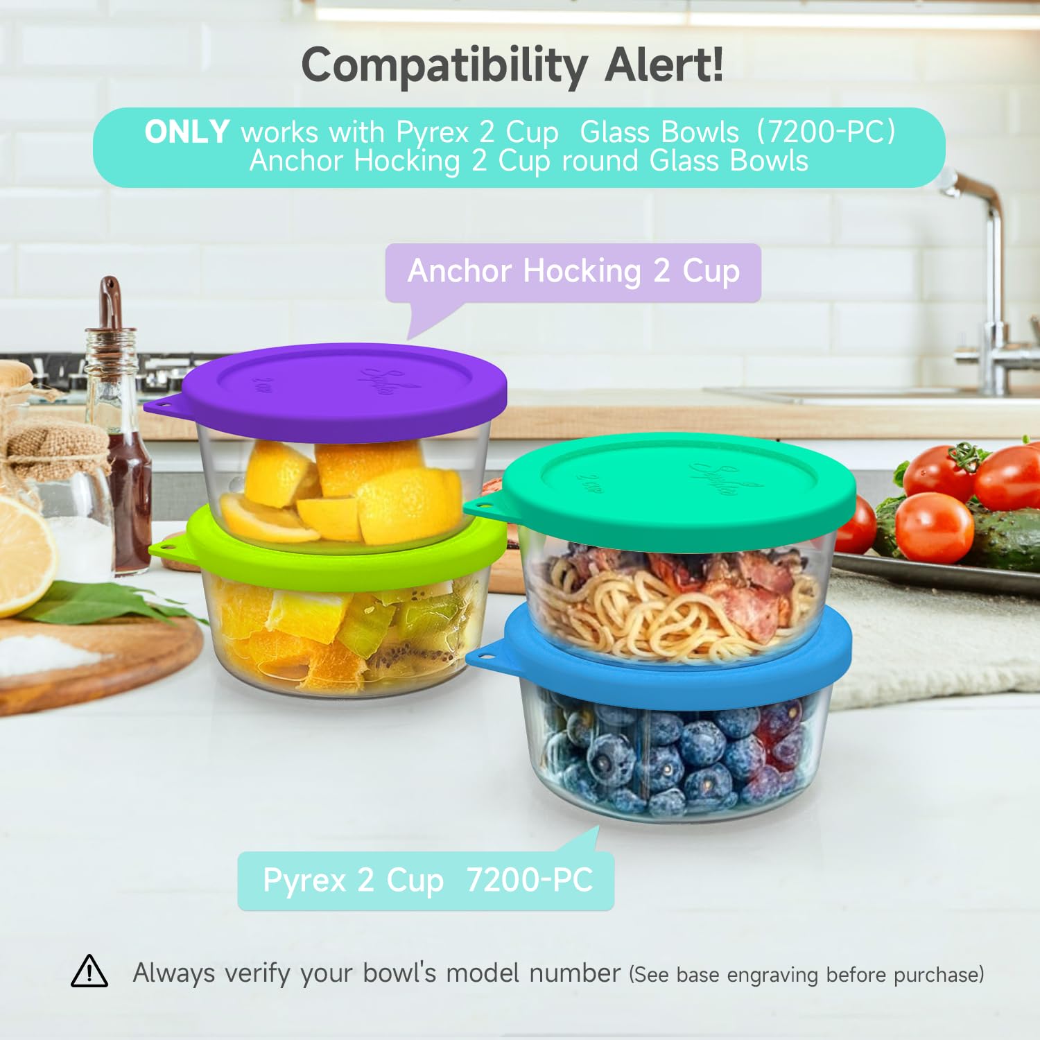 Sophico 2 Cup Round Silicone Storage Cover Lids Replacement For Pyrex 7200-Pc And Anchor Hocking Glass Bowls (Container Not Incl