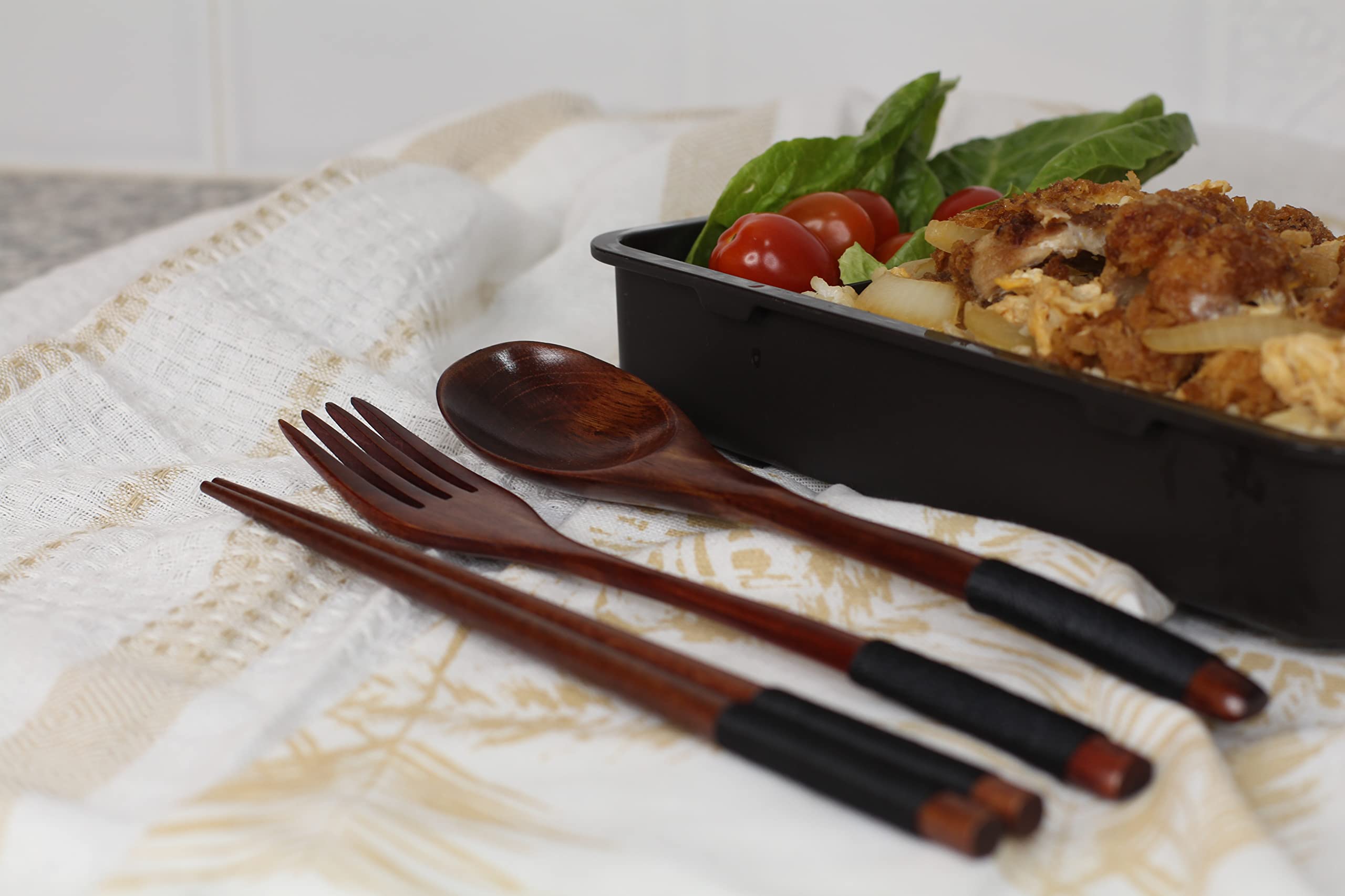 Printsupremacy 3-Piece Japanese Wooden Utensil Set Spoon Fork And Chopsticks With Floral Pouch, Foodie Travel Novelty Business,