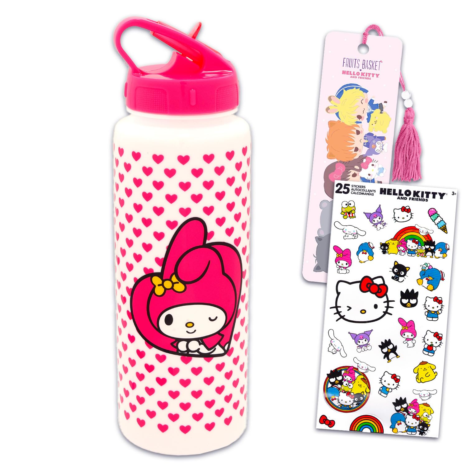 SANRIO My Melody Reusable Water Bottle Set Bundle 30 Oz Plastic Water Bottle with Spout for Home, School, Sports Plus Sticker, a