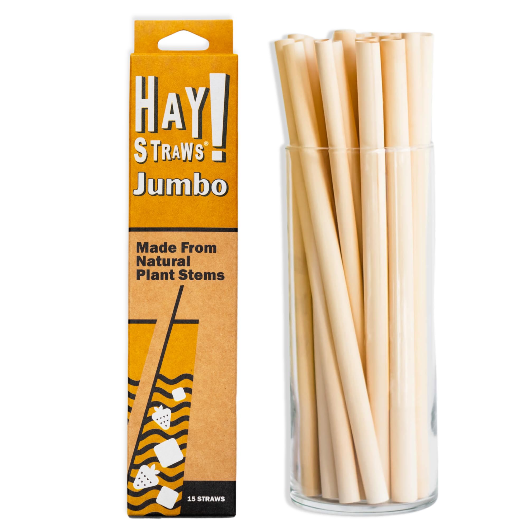 HAY! Straws Jumbo Reed Stem Straws | Tall 8 | 15ct. | 5-7.5mm diameter | Similar to Bamboo |100% Plant-based, Certified Composta