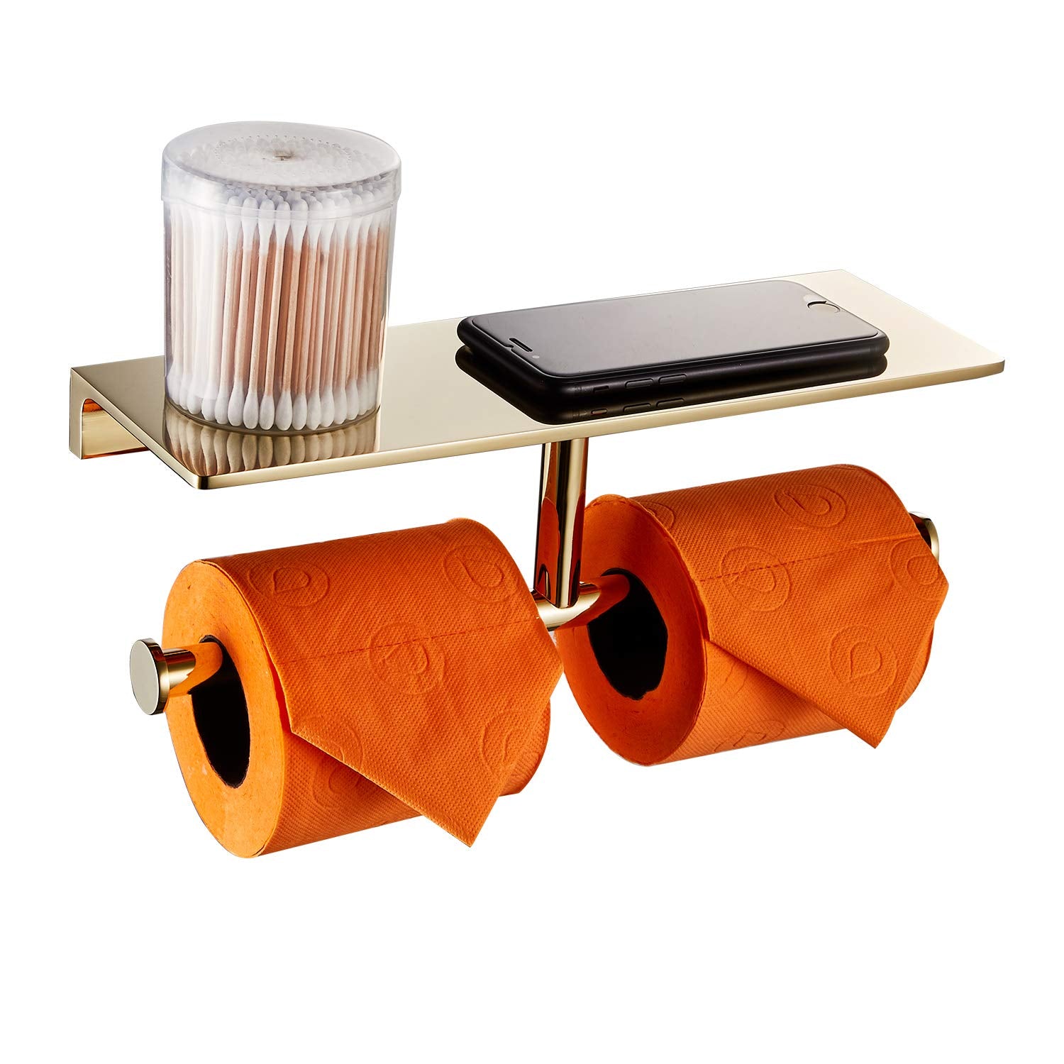 Double Roll Toilet Paper Holder With Shelf Solid Brass And Superior Hotel Style Tissue Dispenser Spared Storage Polished Gold Fi