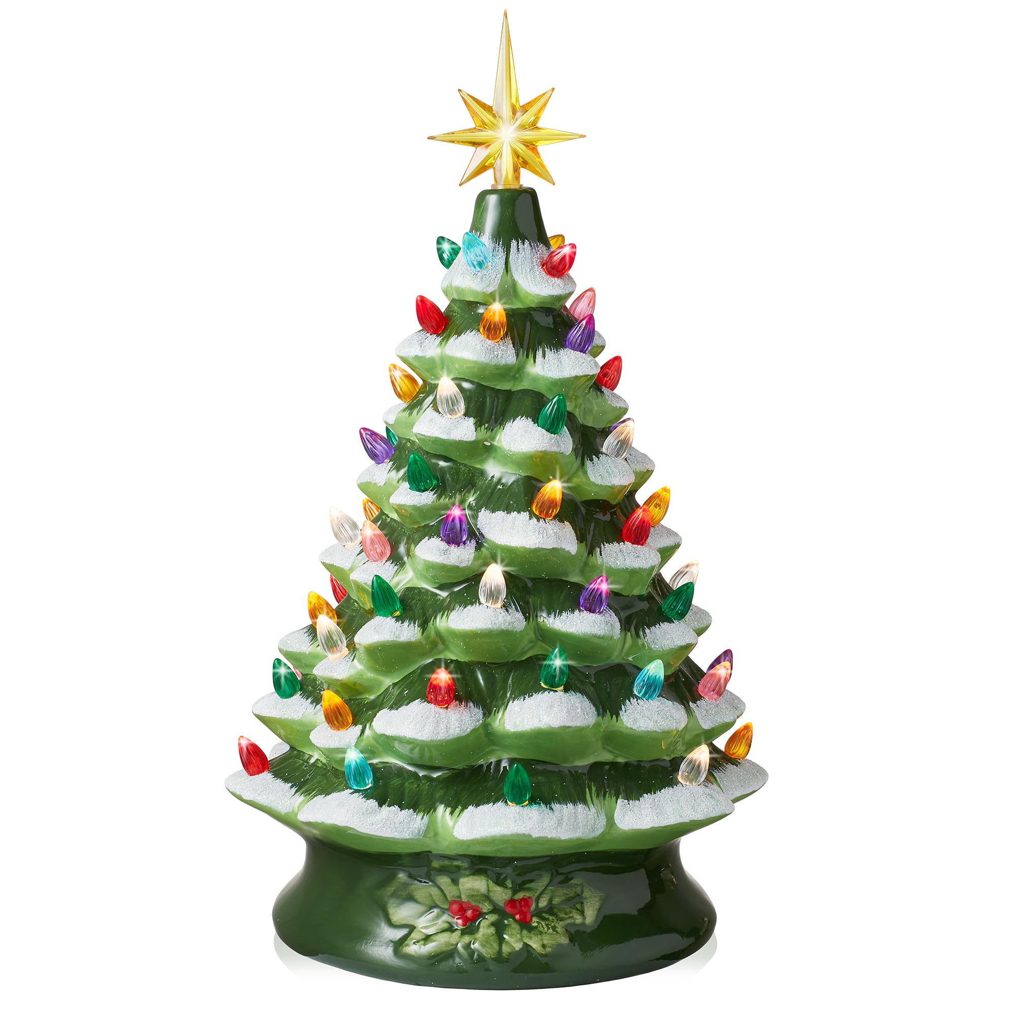 Casafield Hand Painted Ceramic Christmas Tree, Green Snow Flocked 15-Inch Pre-Lit Tree with 128 Multi-Color Lights and 2 Star To