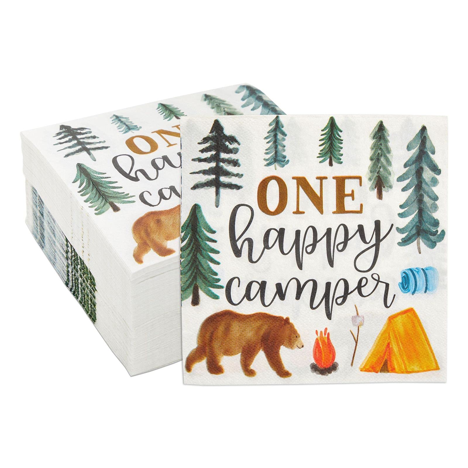 Blue Panda Camping Napkins For 1St Birthday Party Supplies, One Happy Camper (6.5 In, 100 Pack)