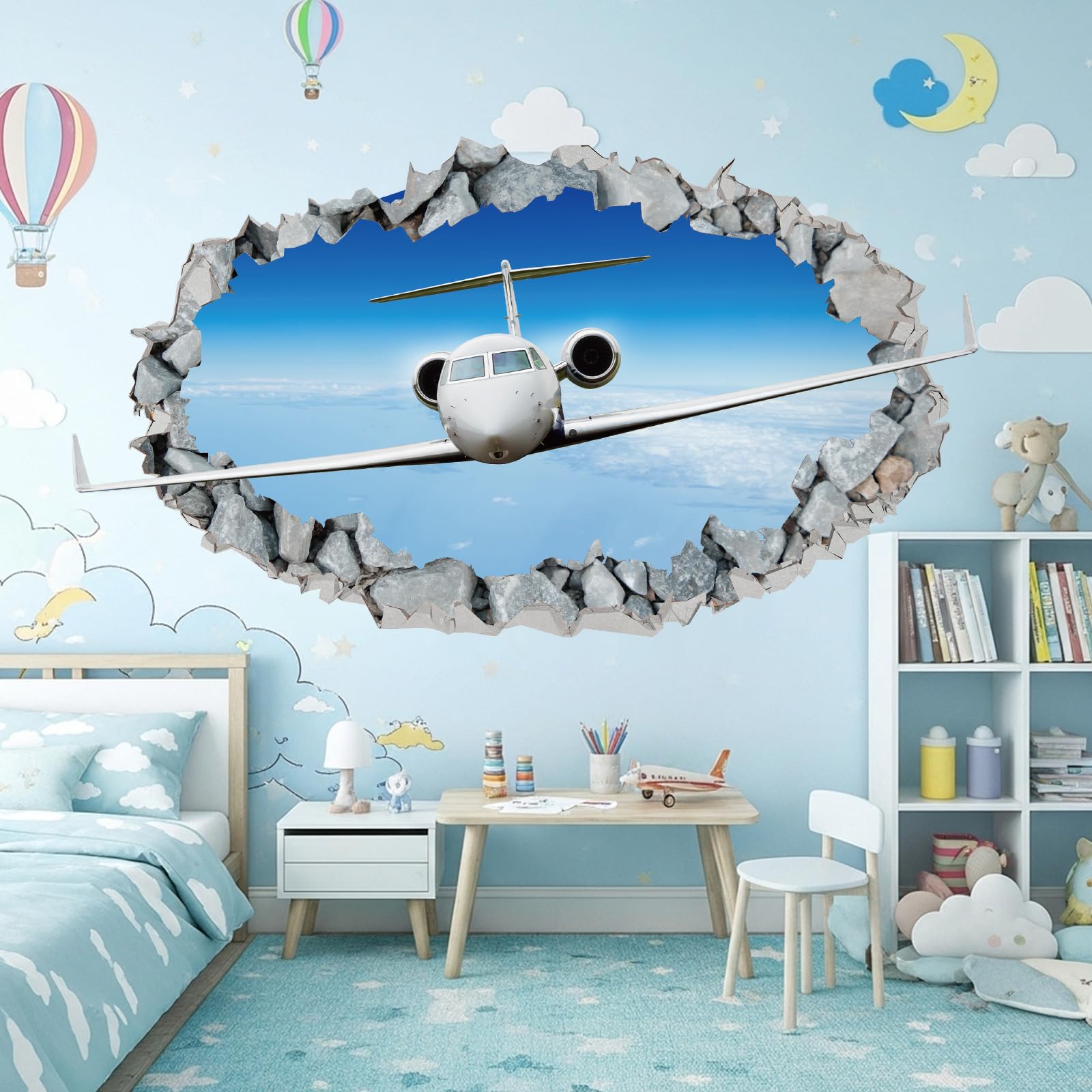 Drydiet Jet Airplane Wall Decal 3D Smashed Plane Sticker Bedroom Decor Room Mural Removable Wall Art Aviation Theme Gift for Avi