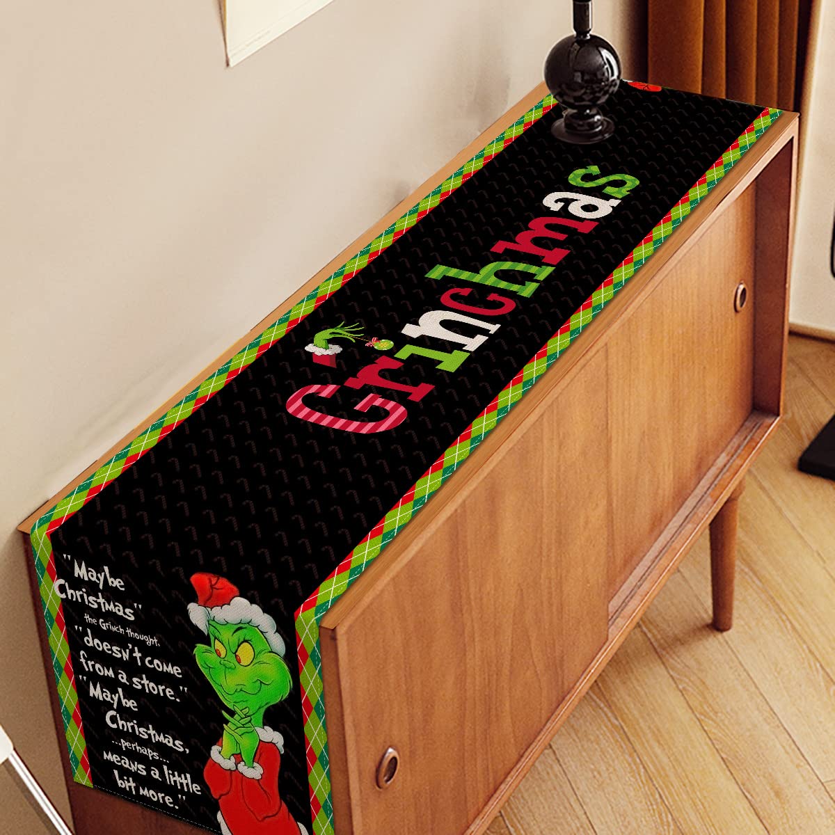Nepnuser Merry Christmas Table Runner Green Elf Winter Holiday Party Decor Xmas Home Kitchen Dining Room Indoor Decoration (Blac