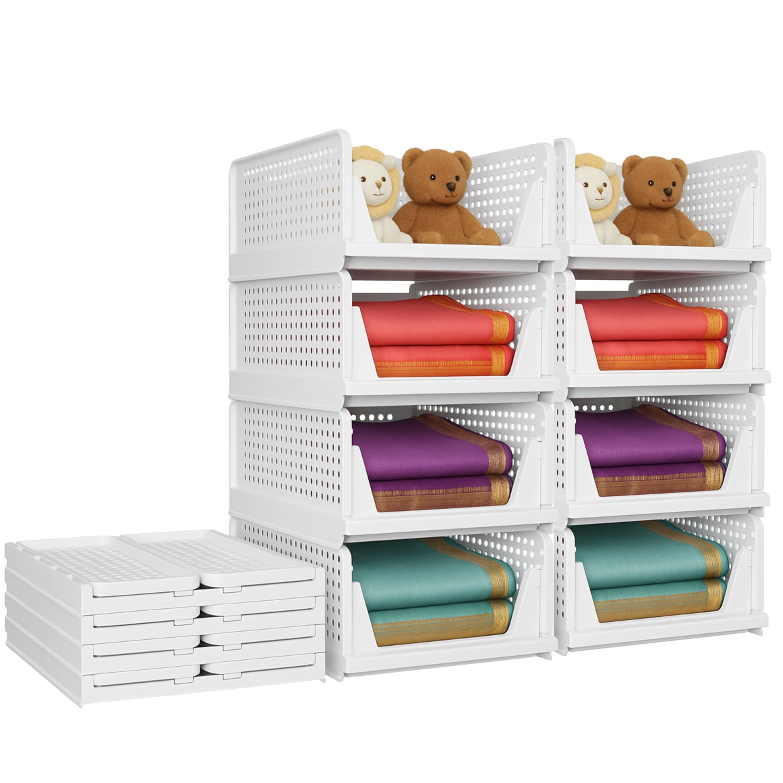 Skrill Pack Of 8 Foldable, Sliding & Stackable Drawer Plastic Wardrobe Organizer For Storage Clothes | Ideal Wardrobe Shelf Orga