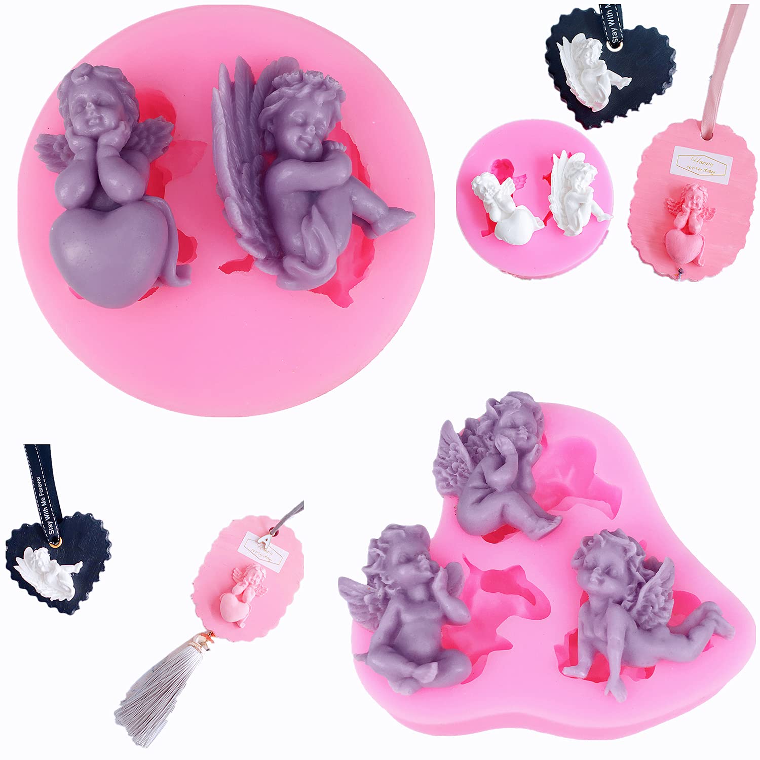 2Pcs 3D Angel Baby Shape Fairy Or Angel With Flowers Silicone Cake Decorating Mold, For Fondant Cake Decoration, Cupcake Topper,