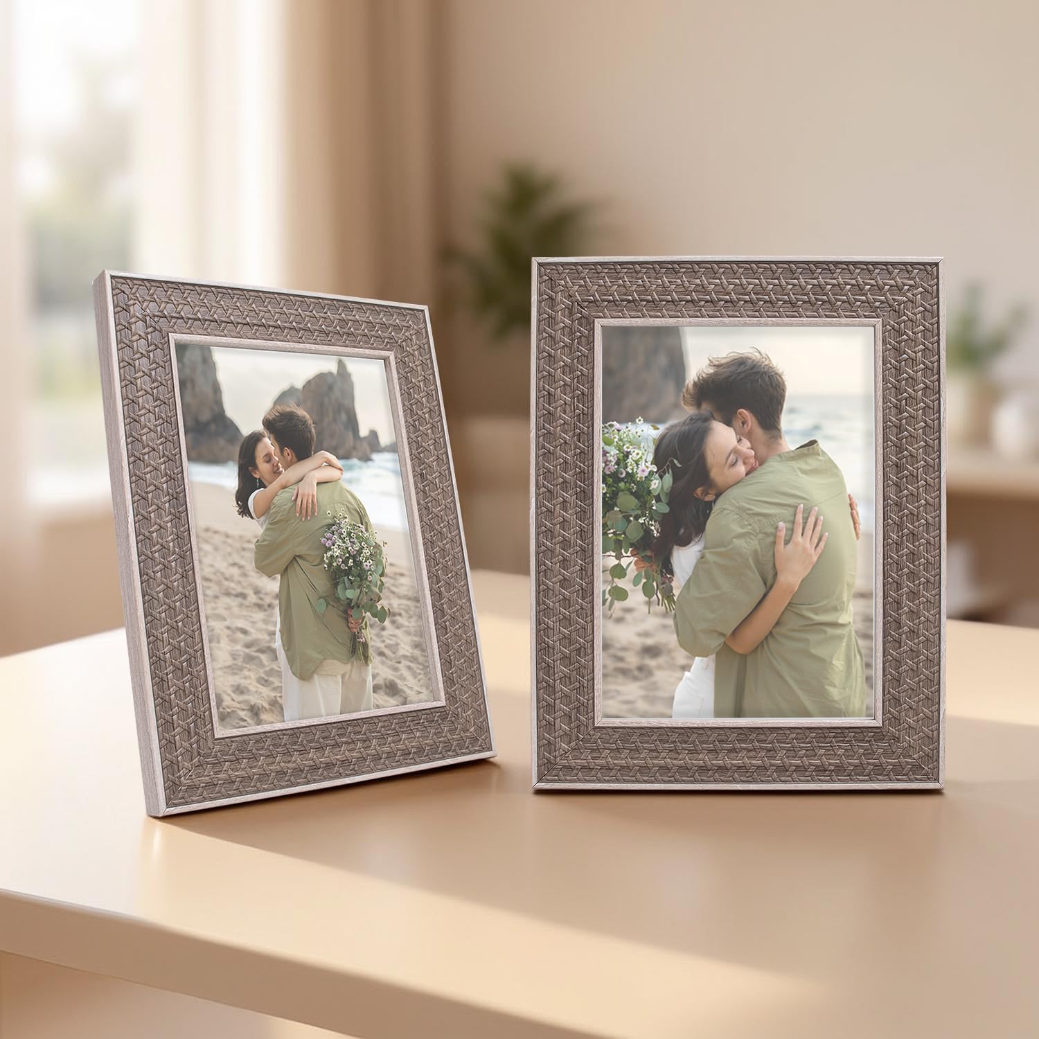 Golden Peacock Set Of 2 5X7 Inch Photo Frames - Elegant Sand Dune & Gold Finish | Textured Decorative Tabletop & Wall Hanging Pi