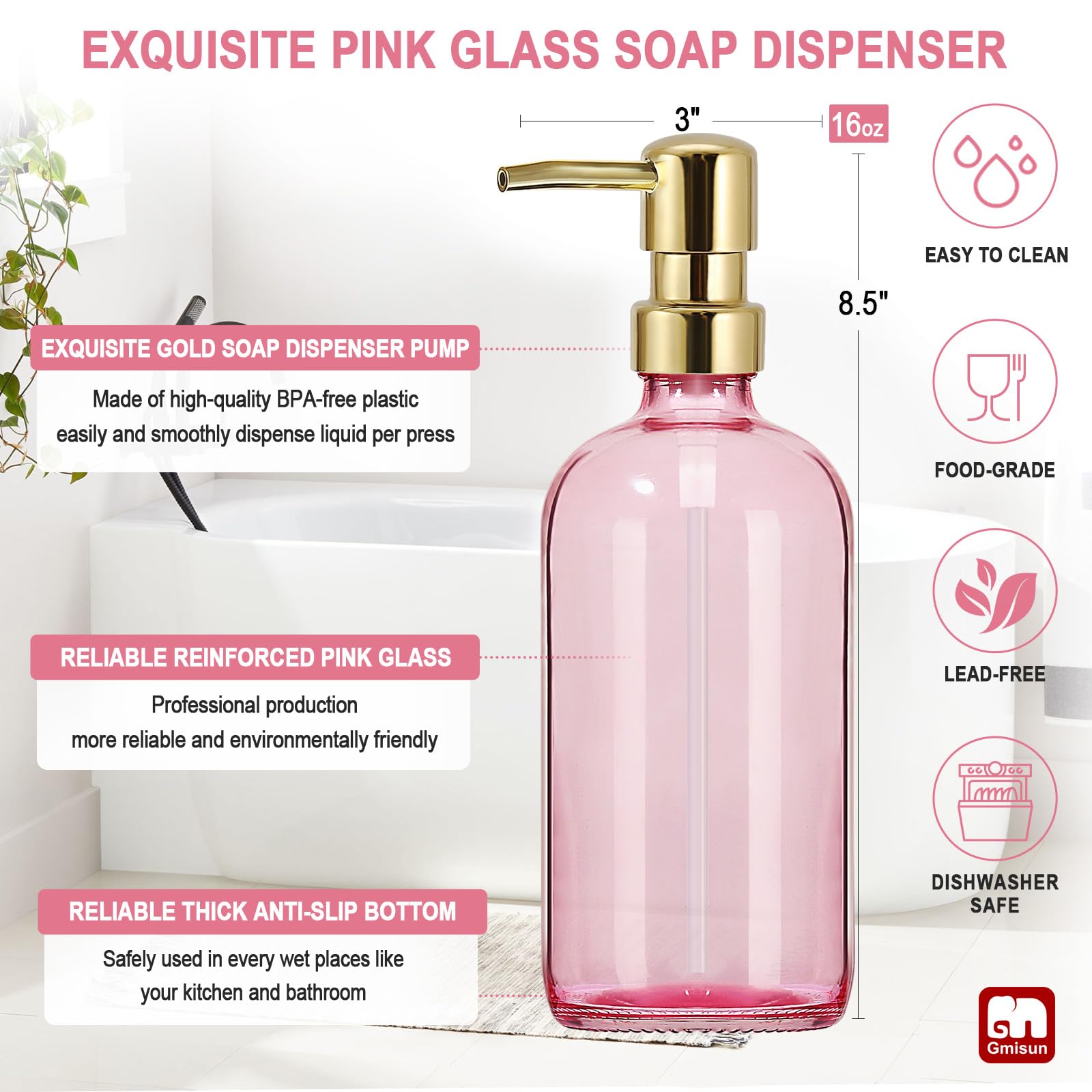 Gmisun Pink Soap Dispenser Bathroom, 1 Pack Glass Dish Soap Dispenser For Kitchen With Rustproof Plastic Gold Pump, 16 Oz Bathro