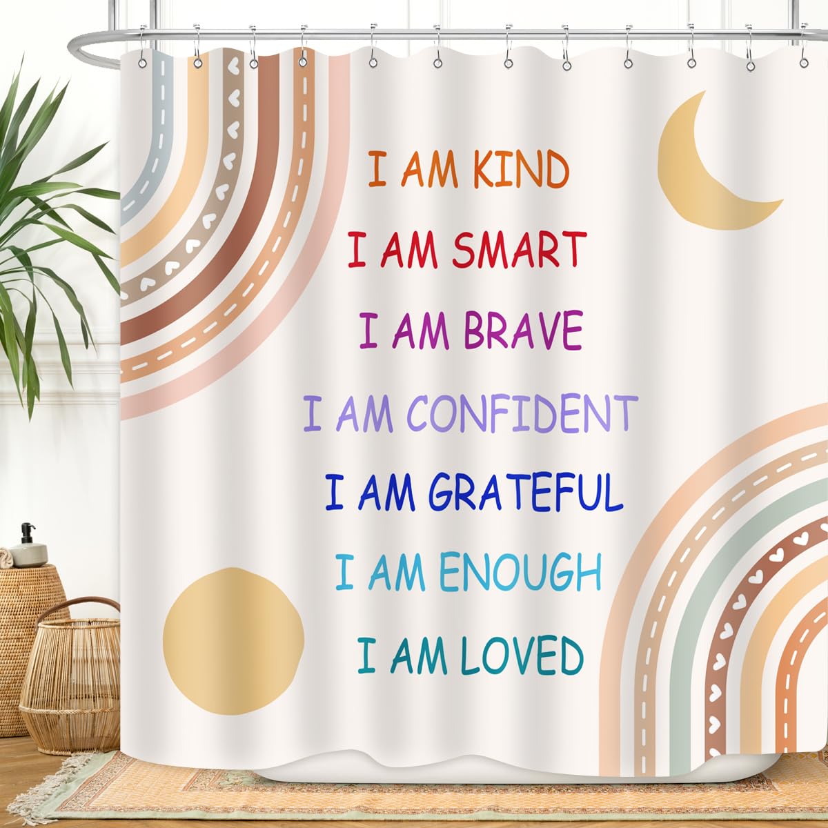 Zxmbf Boho Rainbow Quotes Shower Curtain Colorful Inspirational Positive Kids Teen Girls Abstract Moon Sun Fabric Home Bathroom