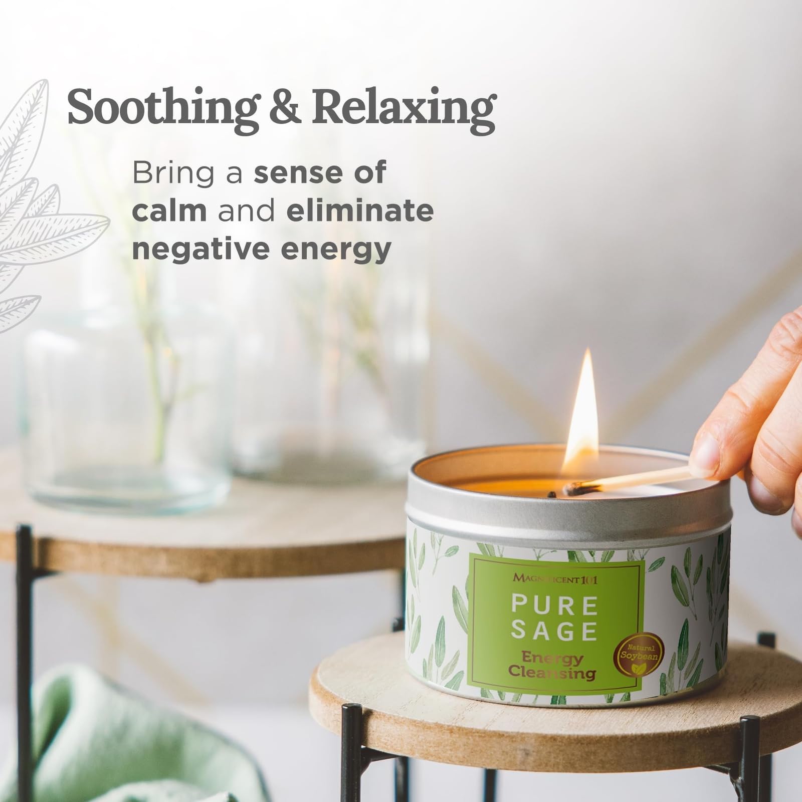 Magnificent 101 Long Lasting Pure Sage Smudge Candle  6 Oz - 35 Hour Burn Time  All Natural & Organic Soy Wax Candle with Essent