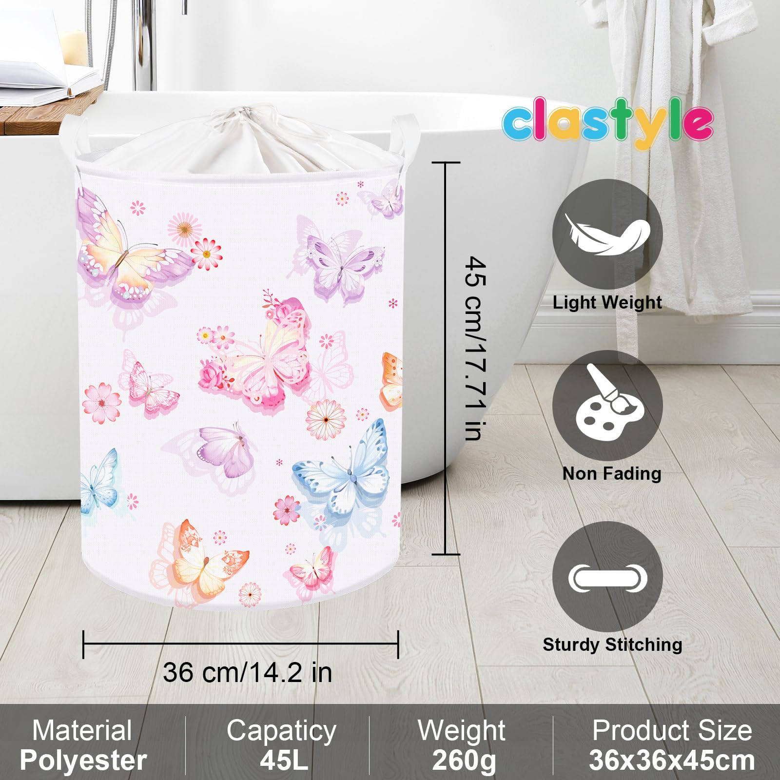 Clastyle Large Purple Pink Butterfly Laundry Basket Waterproof Flower Clothes Nursery Hamper for Baby Girl Collapsible Toy Stora
