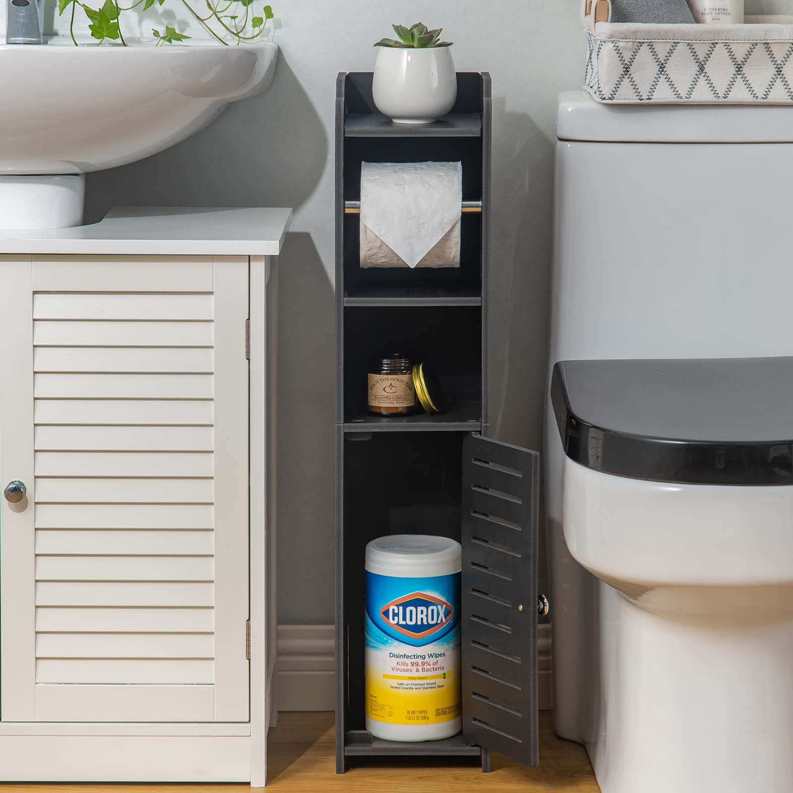 Toilet Paper Stand Small Bathroom Storage Cabinet for Bathroom Toilet Paper Roll Holder for Half Bath Bathroom Storage Cabinet with Brass Handles Black by AOJEZOR