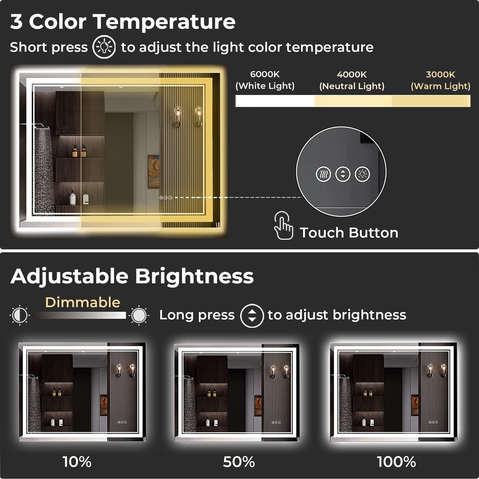 AWANDEE 36x28 LED Bathroom Mirror with Front and Backlit  Dimmable Bathroom Mirror with 3 Color Lights  Smart Lighted Vanity Mirror for Bathroom Wall with Anti-Fog  Memory Shatter-Proof Tempered Glass
