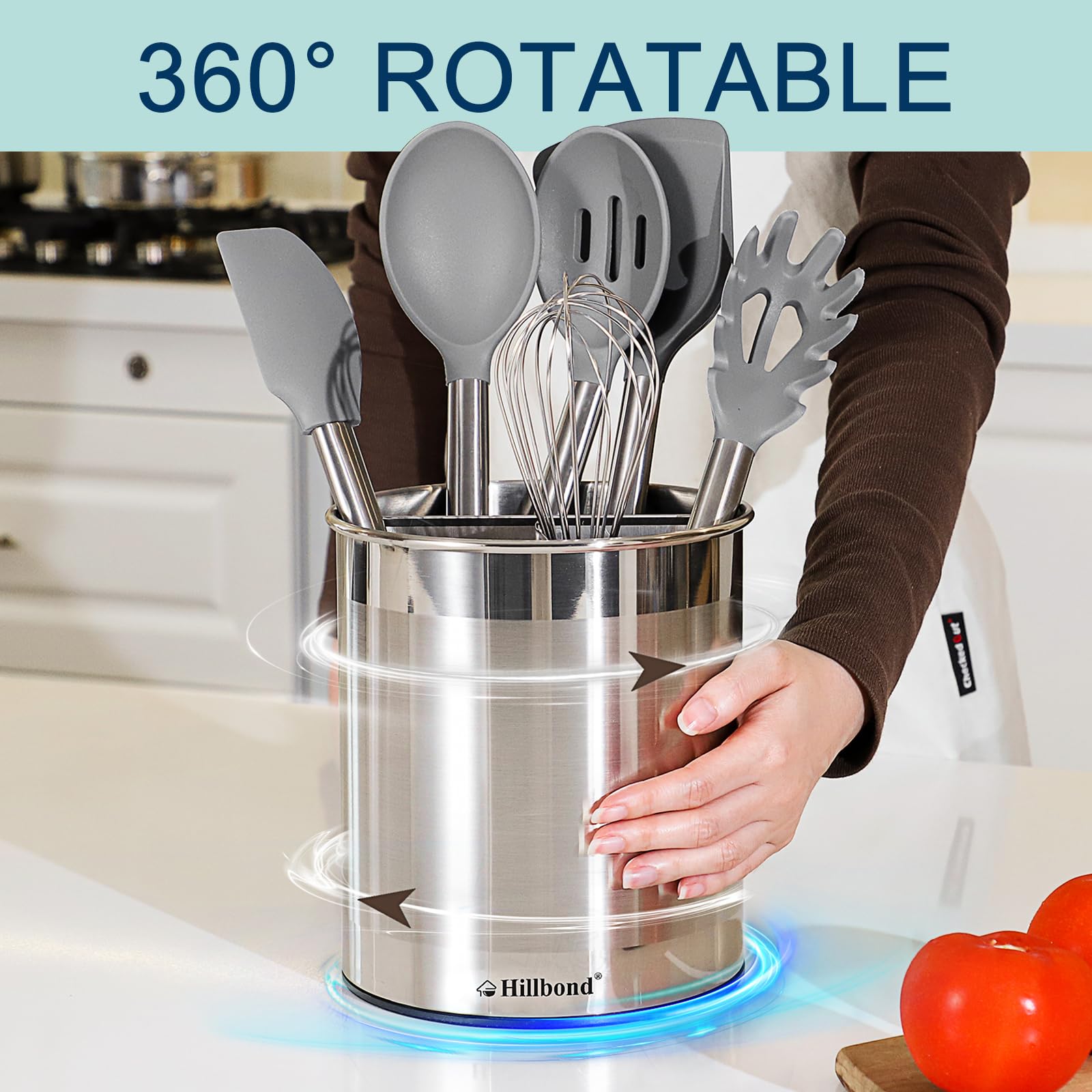 Hillbond Stainless Steel Utensil Holder For Countertop With Removable Divider, 6.9X7.5Inch Large Utensil Holder, 360 Rotating Ut