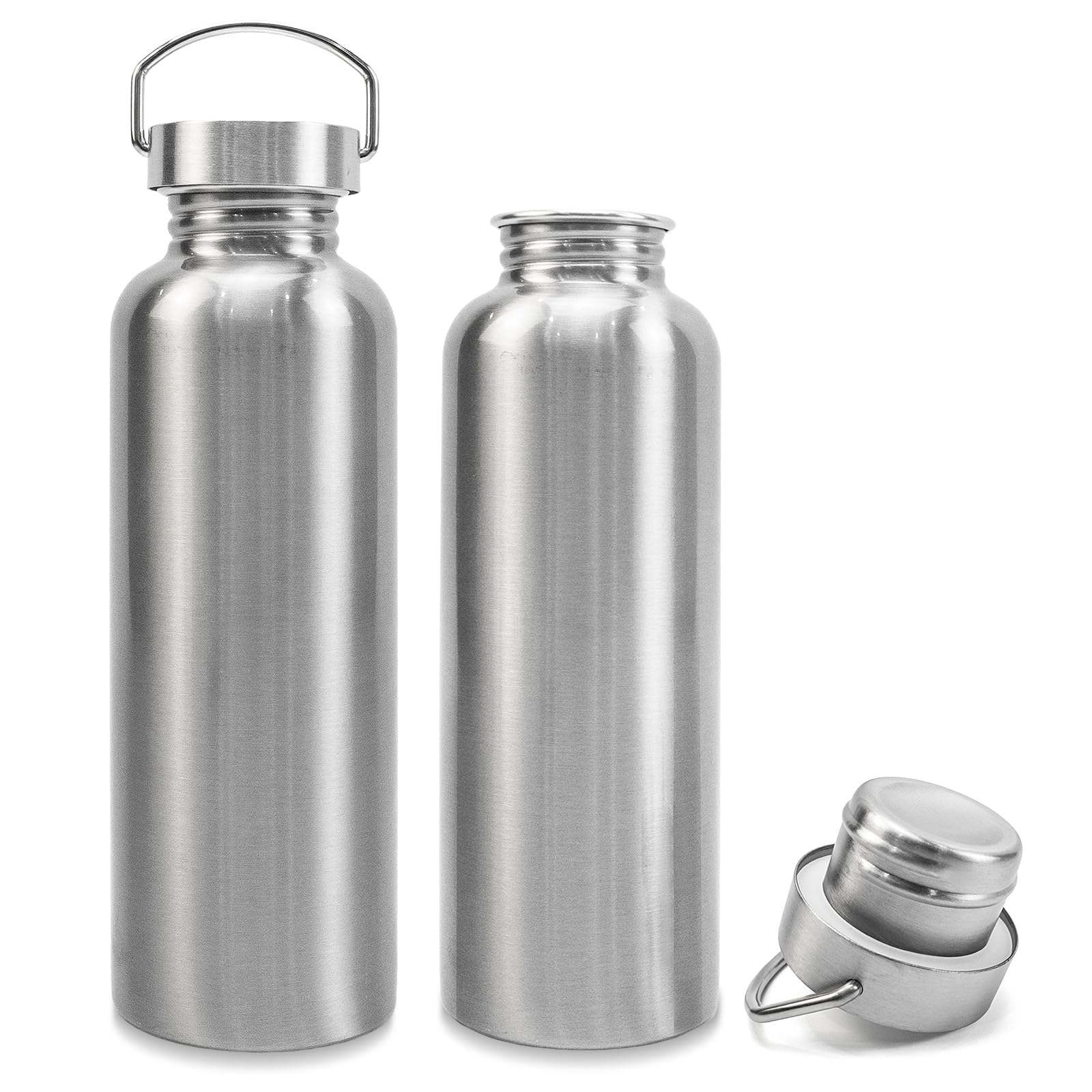 Zmpkhba 2 Pack 304 Stainless Steel Sports Water Bottles, 26 Oz Single Wall Metal Water Bottle with Handle, Non-Insulated Water B