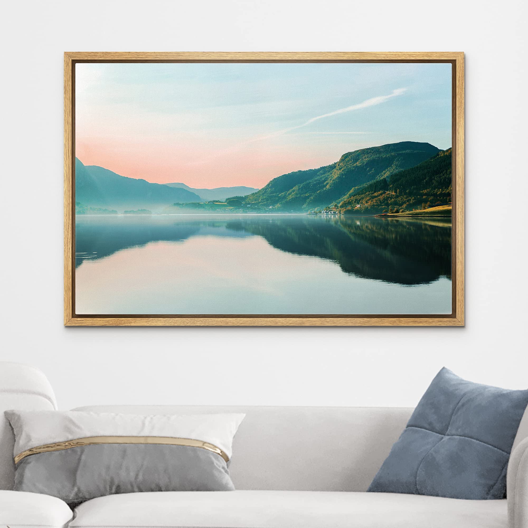 wall26 Framed Canvas Print Wall Art Pastel Sunset Sky Mountain Valley Lake Nature Wilderness Photography Realism Earth Scenery Scenic Landscape for Living Room  Bedroom  Office - 16''x24'' Natural