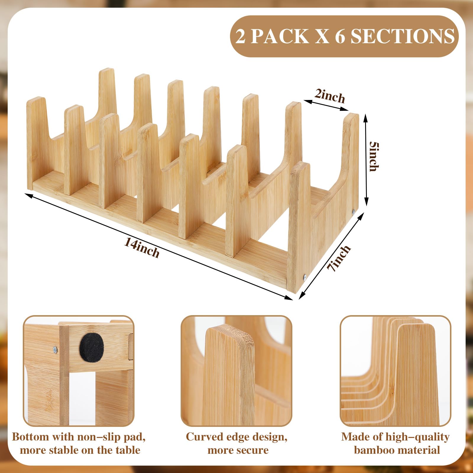 Suclain 2 Pcs Bamboo Pot Lid Organizer Pot Lid Holders, Pot And Pan Organizer Cutting Boards Dish Rack For Storage In Drawer Cab
