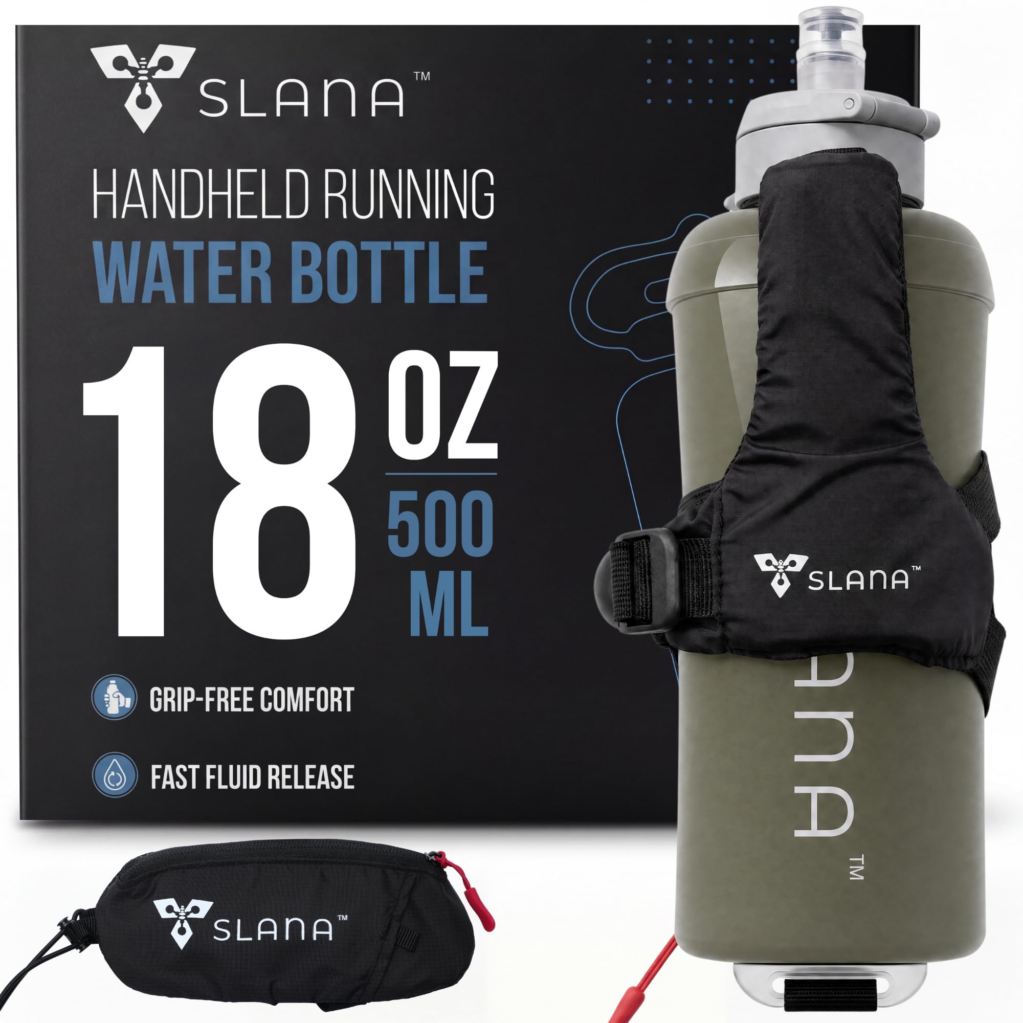 SLANA Handheld Running Water Bottle 18 oz  GripFree Collapsible Water Bottles for Running with Adjustable Strap & Thumbhole, E
