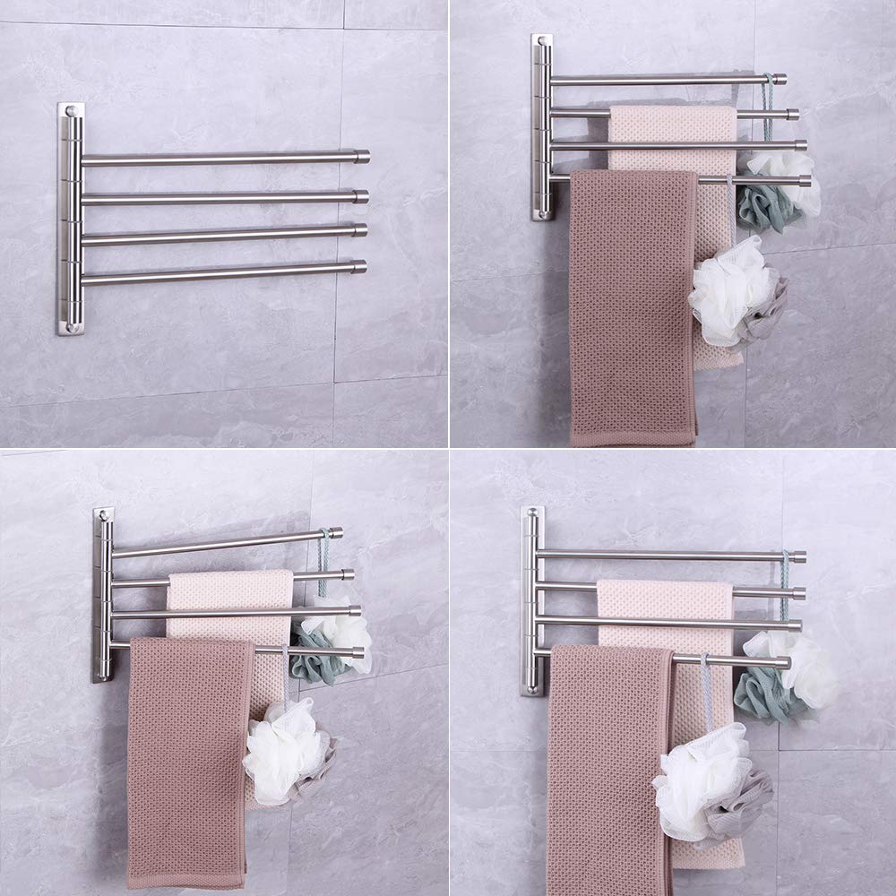 Kimzcn Swivel Towel Bar 4-Arm Bathroom Towel Holder Wall-Mounted Swing Out Towel Rack With Hooks Rustproof Brushed Finish