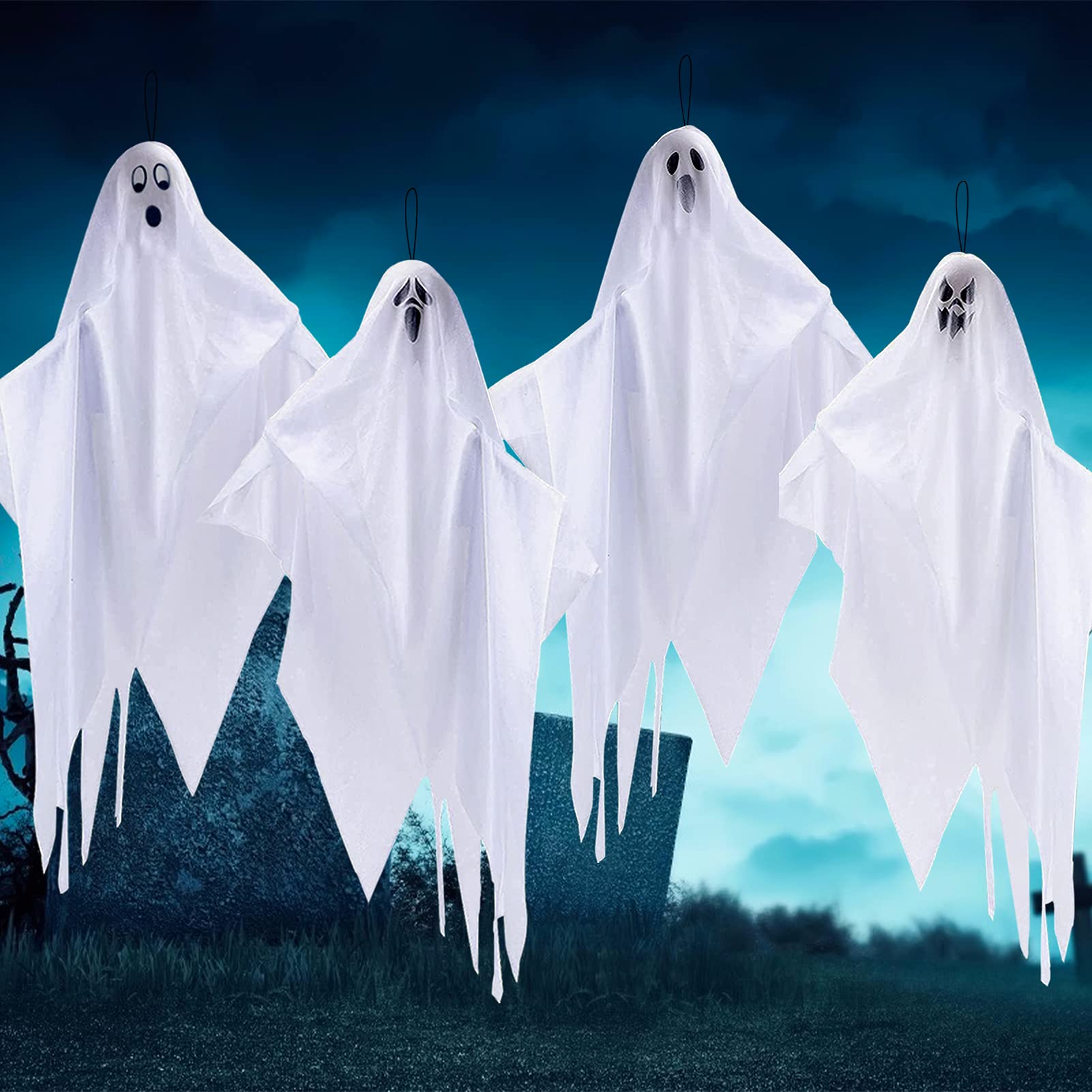 4 Pack 28 Halloween Hanging Ghosts for Halloween Party Decorations, Cute Flying Ghost for Front Yard Patio Lawn Garden Outdoor T