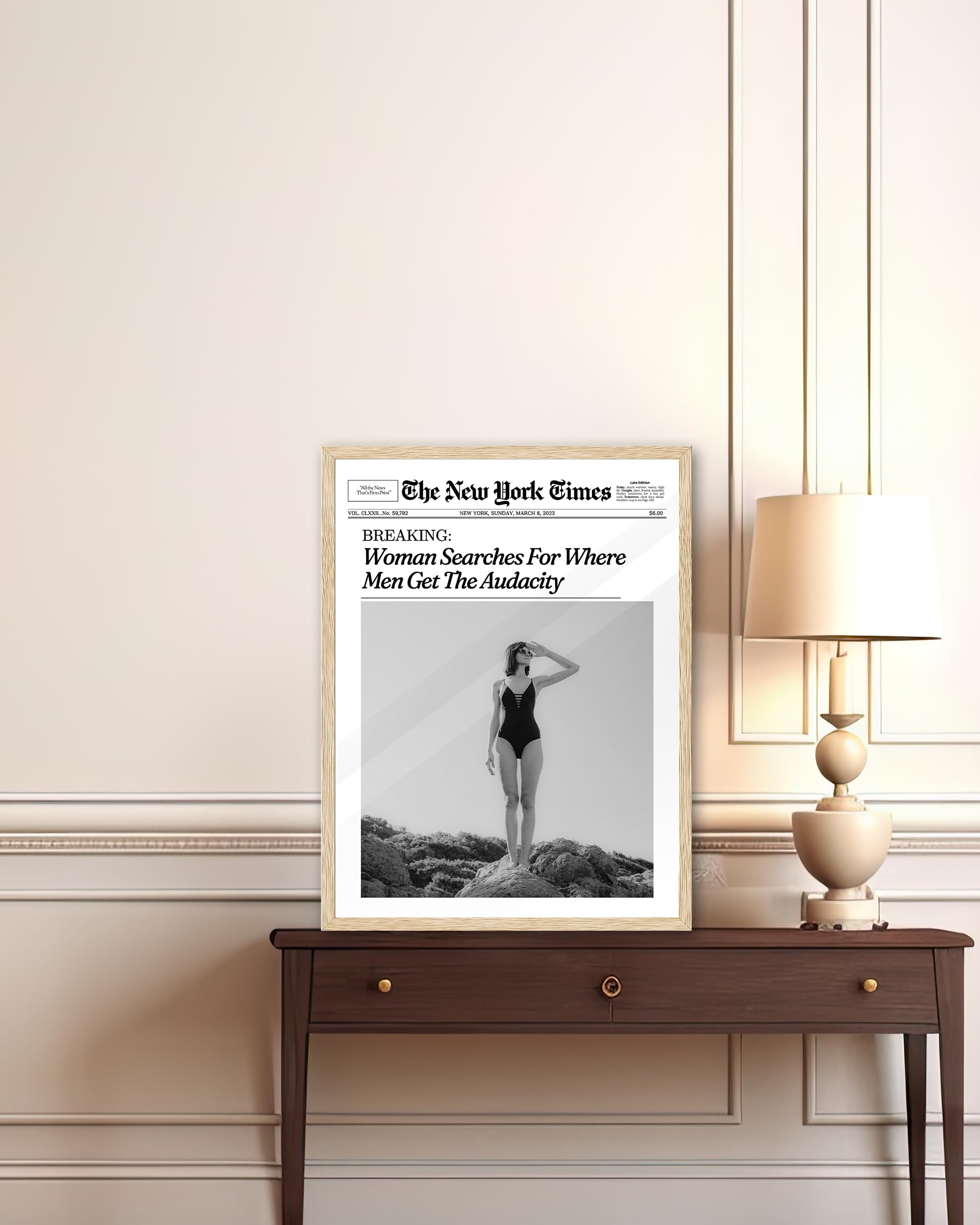 Ihery Framed Trendy Newspaper Wall Art,12X16In Canvas Wall Art,Beige Oak Wood Frame,Retro Vintage New York Magazine Headline New