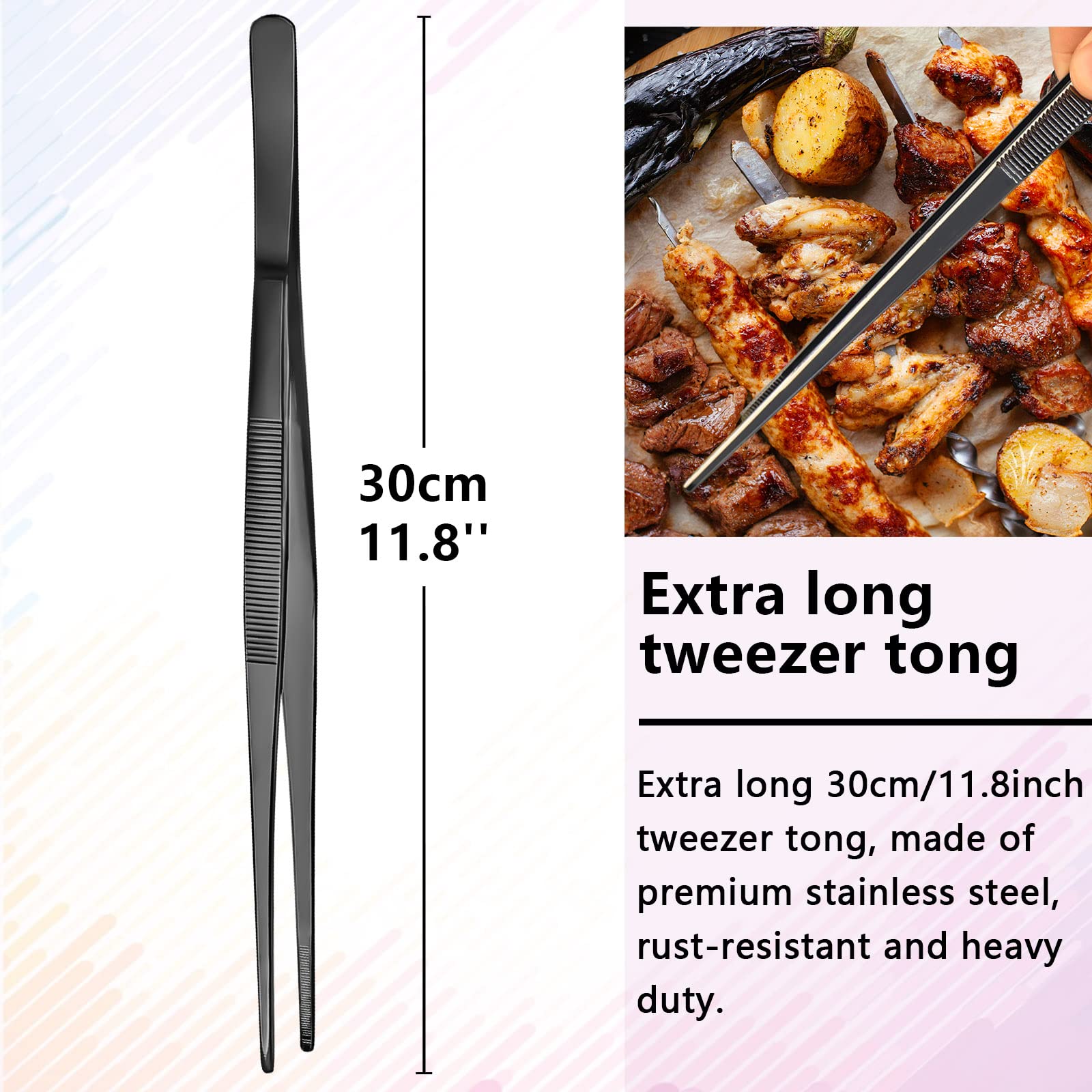 Tweezers - 11.8''/30Cm Precision Tweezers, Garnish Stainless Steel Tongs For Bartender, Mixologists Clipping Food - Nz01-B (Blac