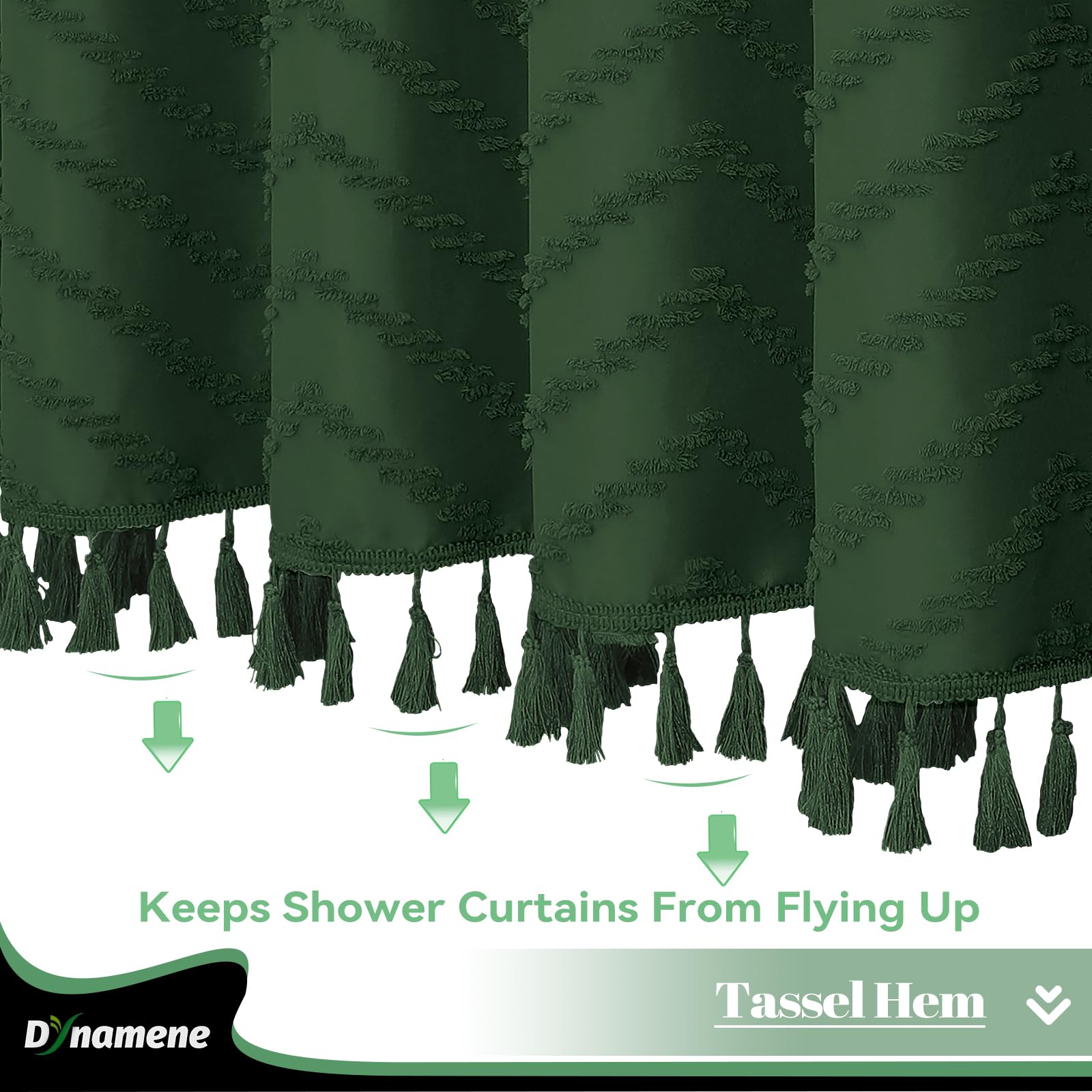 Dynamene Boho Farmhouse Shower Curtain, Dark Green Fabric Tufted Chevron Striped Textured Tassel Bathroomshower Curtains, Water