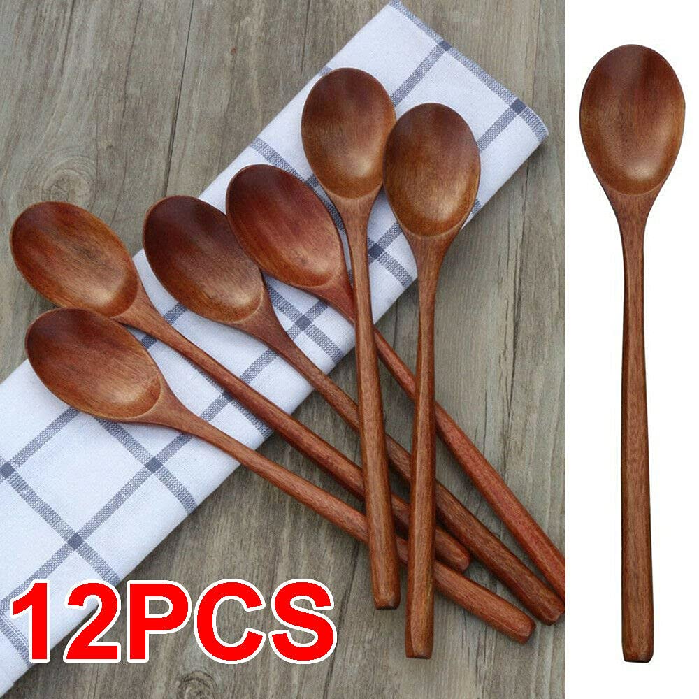 Teamwill Wooden Spoons, 12 Pieces 9 Inch Wood Soup Spoons For Eating Mixing Stirring, Long Handle Spoon With Japanese Style Kitc