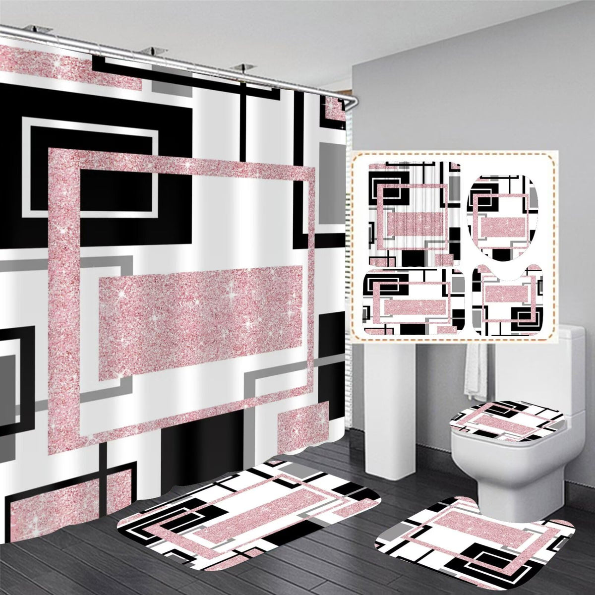 Yddsky 4 Pcs Pink Geometric Shower Curtain Sets Non-Slip Bath Rugs, Toilet Cover, U-Shaped Mat, Pink Geometric Modern Bathroom D