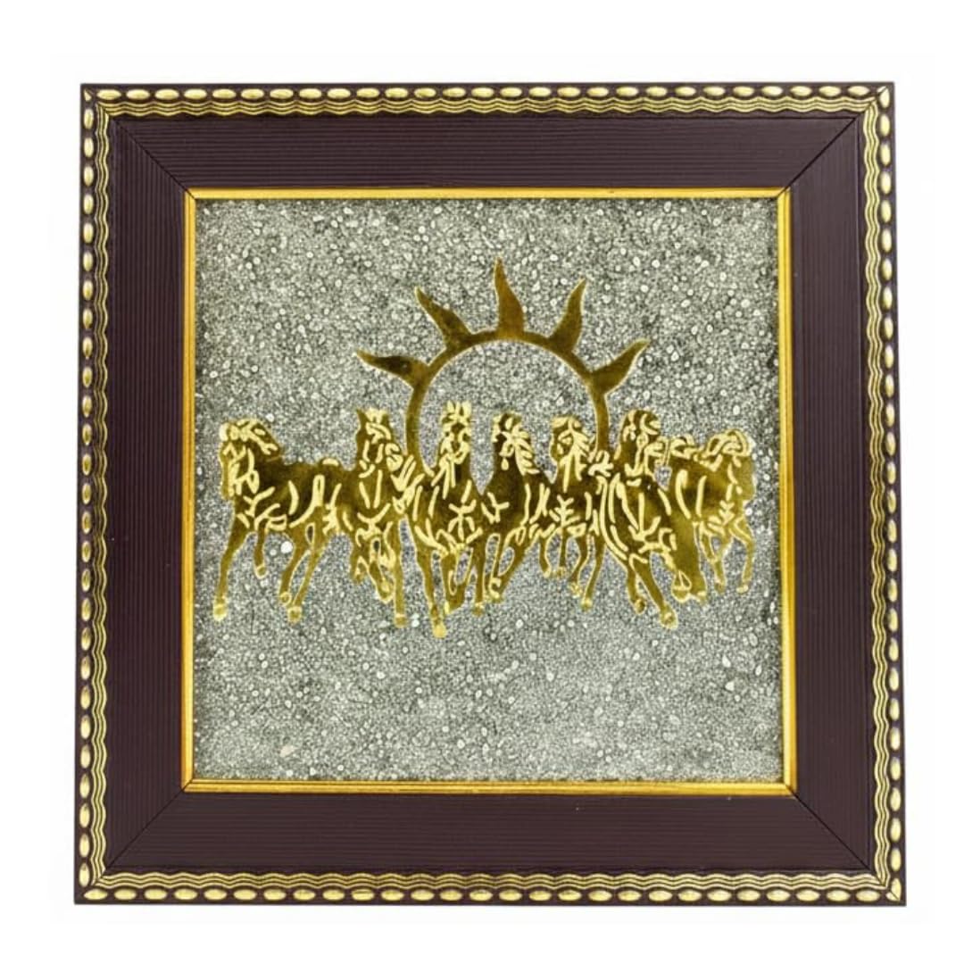 Samriidhhii 7 Horses Painting On Raw Pyrite Stone For Vastu | Seven Running Horses With Sun Wooden Wall Art For Living Room Dcor